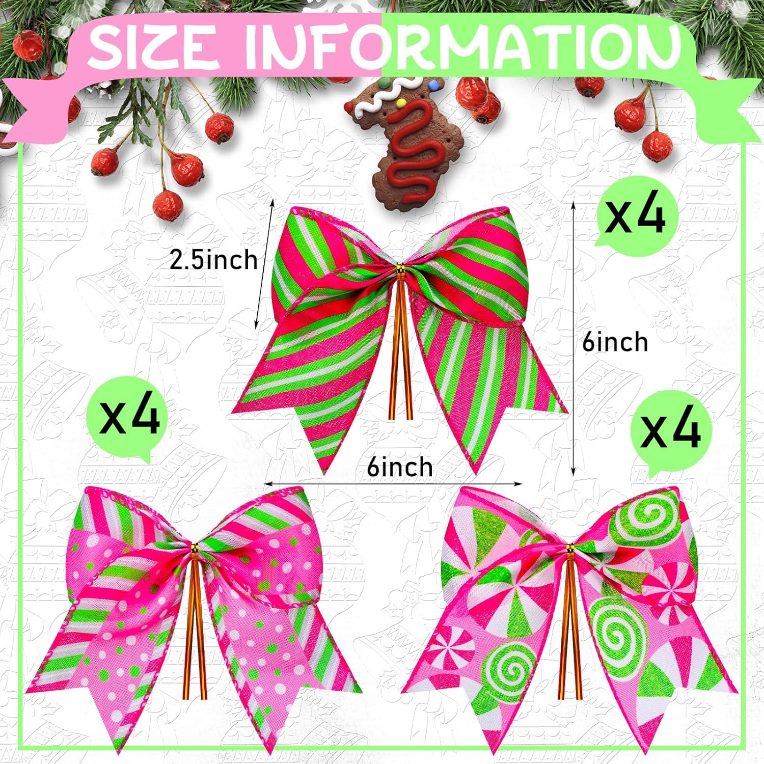 12 Pcs Christmas Pink Green Bows Decoration 6 Inch Large Christmas Candy Peppermint Bowknots Gift Wrapping Ribbon Garland for Xmas Tree Wreaths Holiday Crafts Party Accessories - Image 2