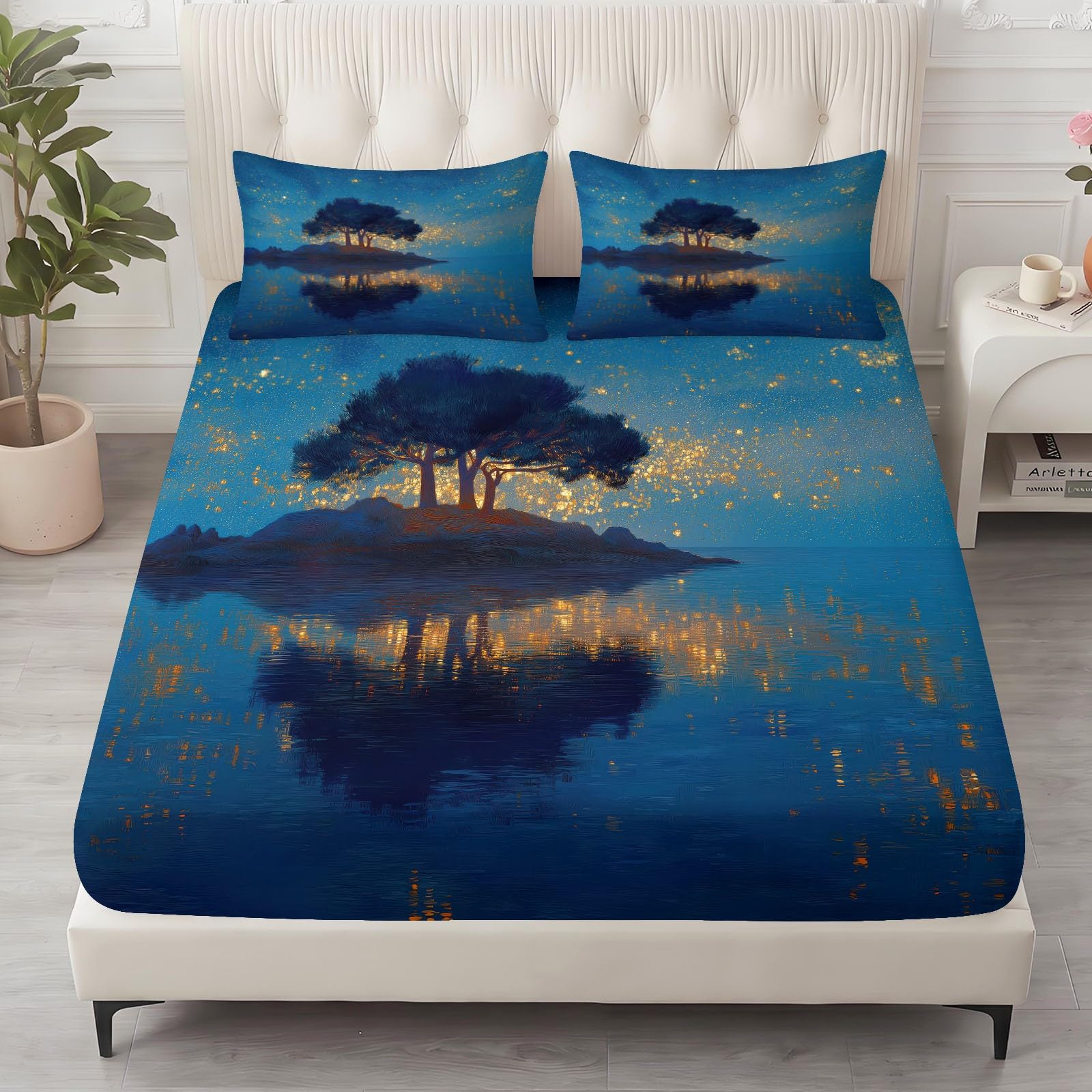 Impresionista Fantasy Sábana bajera ajustable de 200 x 200 cm, diseño de árbol, cielo estrellado, lago, efecto espejo, color azul, 3 piezas, microfibra suave, hasta colchones de 30 cm de altura