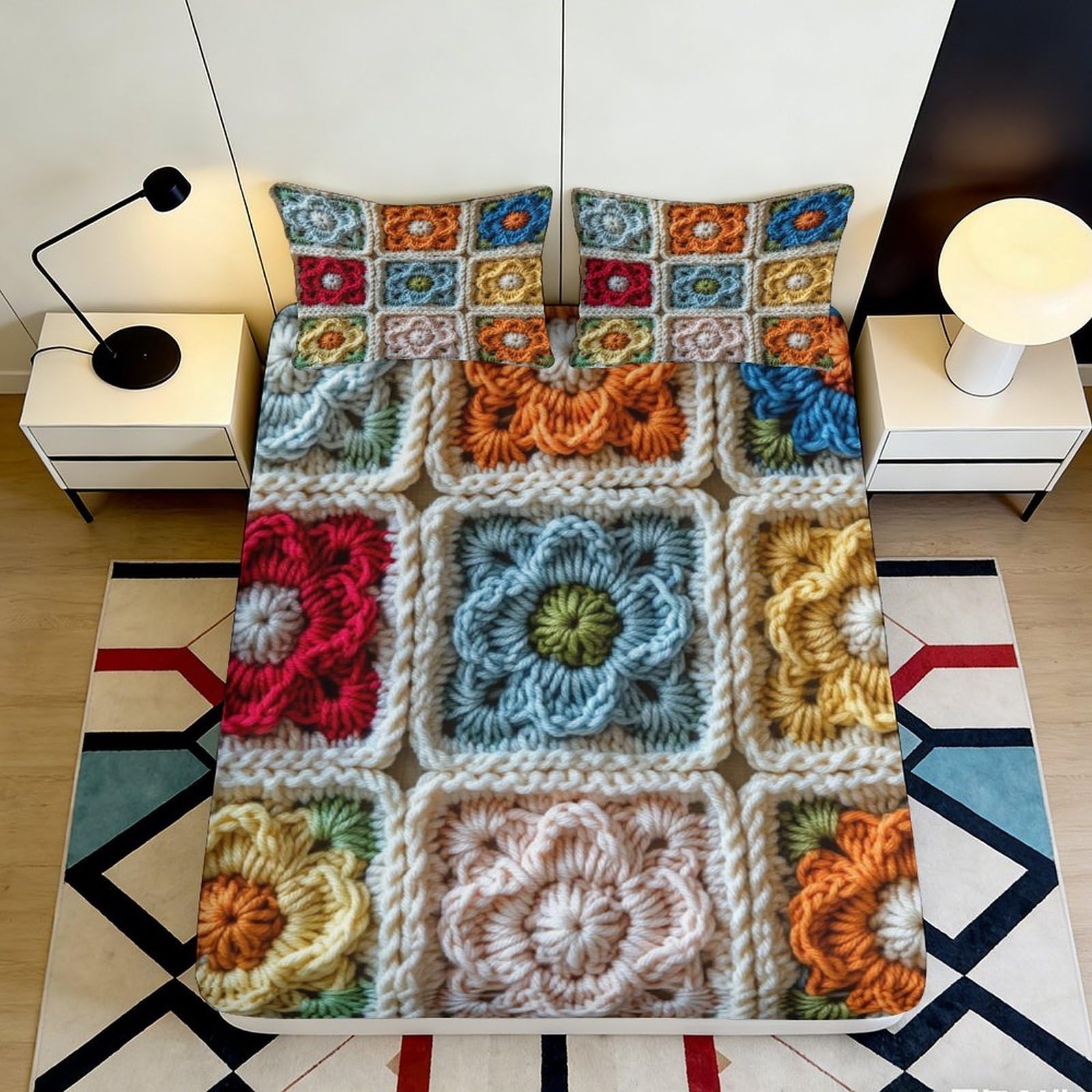 3D Printed Crochet Flower Fitted Sheet Microfiber Soft Decorative Patchwork Bed Cover for Bedroom Dorm Mattress Protection 120x200x25cm