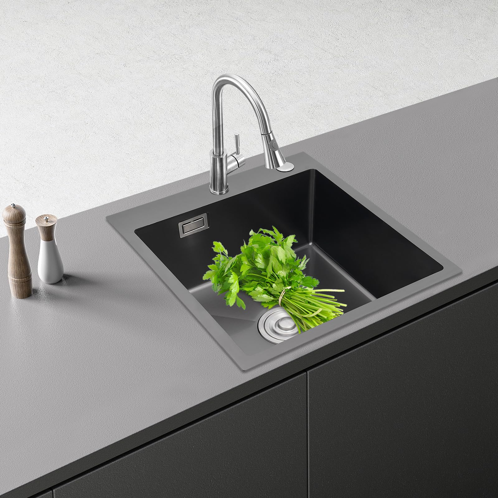 Fregadero de cocina de granito, de 45 x 50 cm, de acero inoxidable con dispensador de jabón y juego de drenaje, lavabo de cocina y fregadero empotrable para armario bajo a partir de 45 (negro