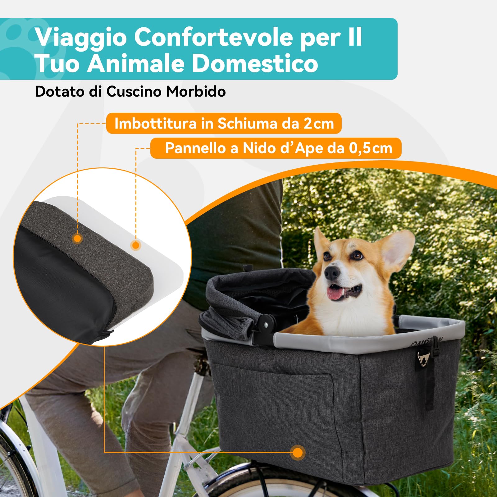 Cestino Posteriore Pieghevole per Cani Gatti fino a 12KG con Telaio in Metallo, Montaggio Rapido, Finestra a Rete, Cuscino Morbido, Strisce Riflettenti Adatto per Bici