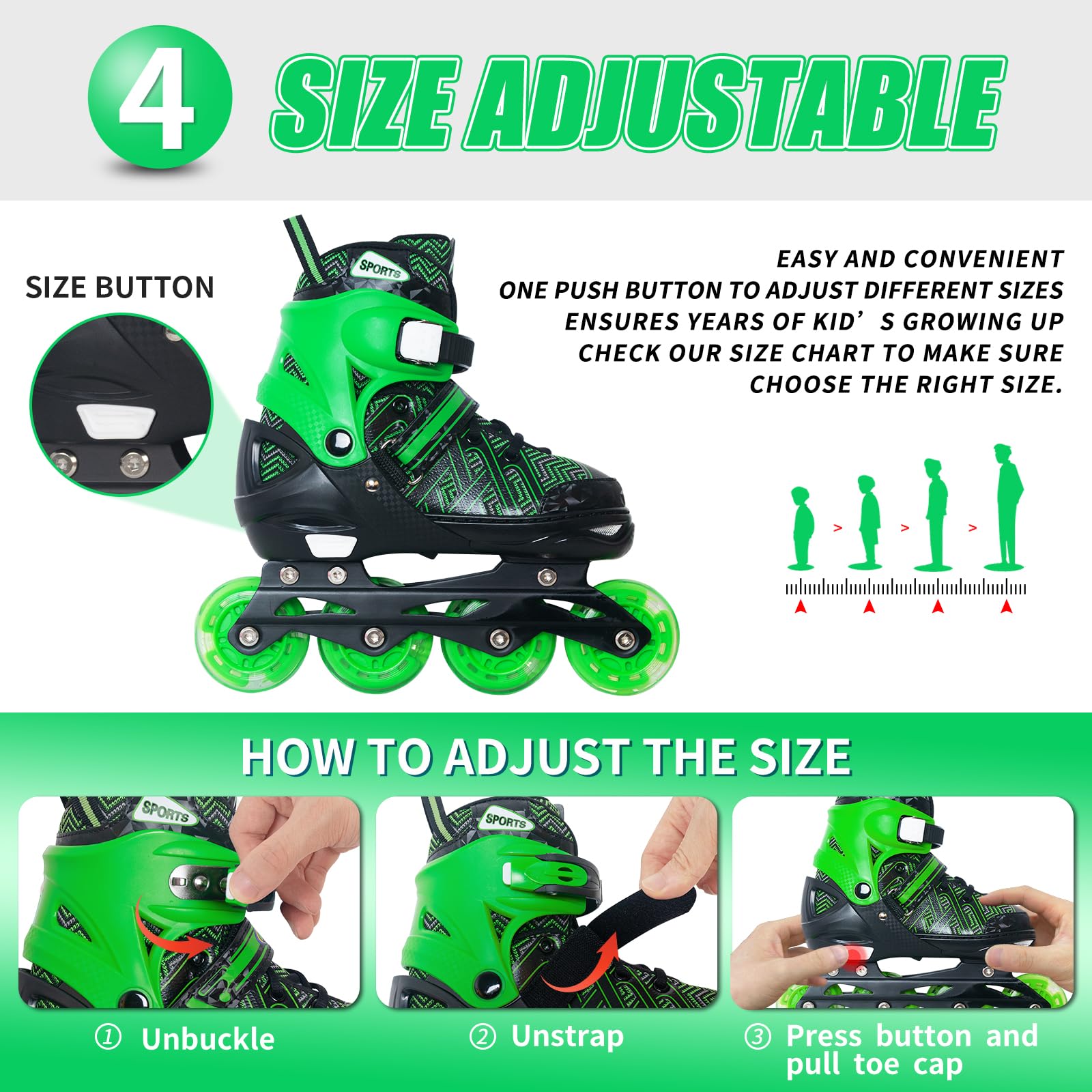 Nattork Patins à roues alignées réglables pour petits garçons avec roues lumineuses – Patins à roulettes vertes pour enfants débutants – Taille 1, 2, 3, 4 ans, 7, 8, 9 et 10 ans