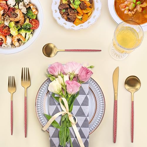 Miniatura 6 de Juego de cubiertos dorados con mango rojo, juego de cubiertos de acero inoxidable para 4, juego de utensilios de cocina de 20 piezas, incluye
