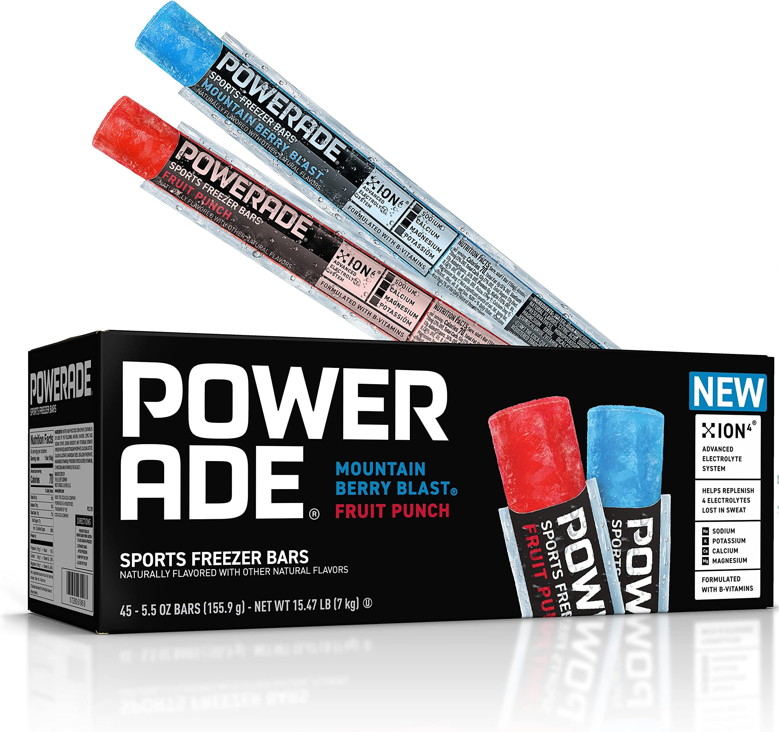 POWERADE Sports Freezer Bars, Giant Sized 5.5 oz Refreshing Ice Pops with Electrolytes B Vitamins – Naturally Flavored, Mountain Berry Blast and Fruit Punch, 45 Total Freezer Bars