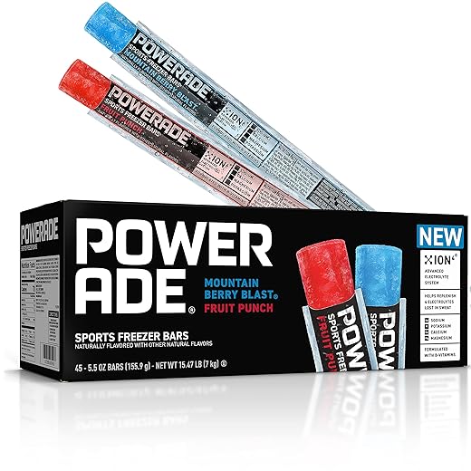 POWERADE Sports Freezer Bars, Giant Sized 5.5 oz Refreshing Ice Pops with Electrolytes B Vitamins – Naturally Flavored with other Natural Flavors, Mountain Berry Blast and Fruit Punch, 45 Total