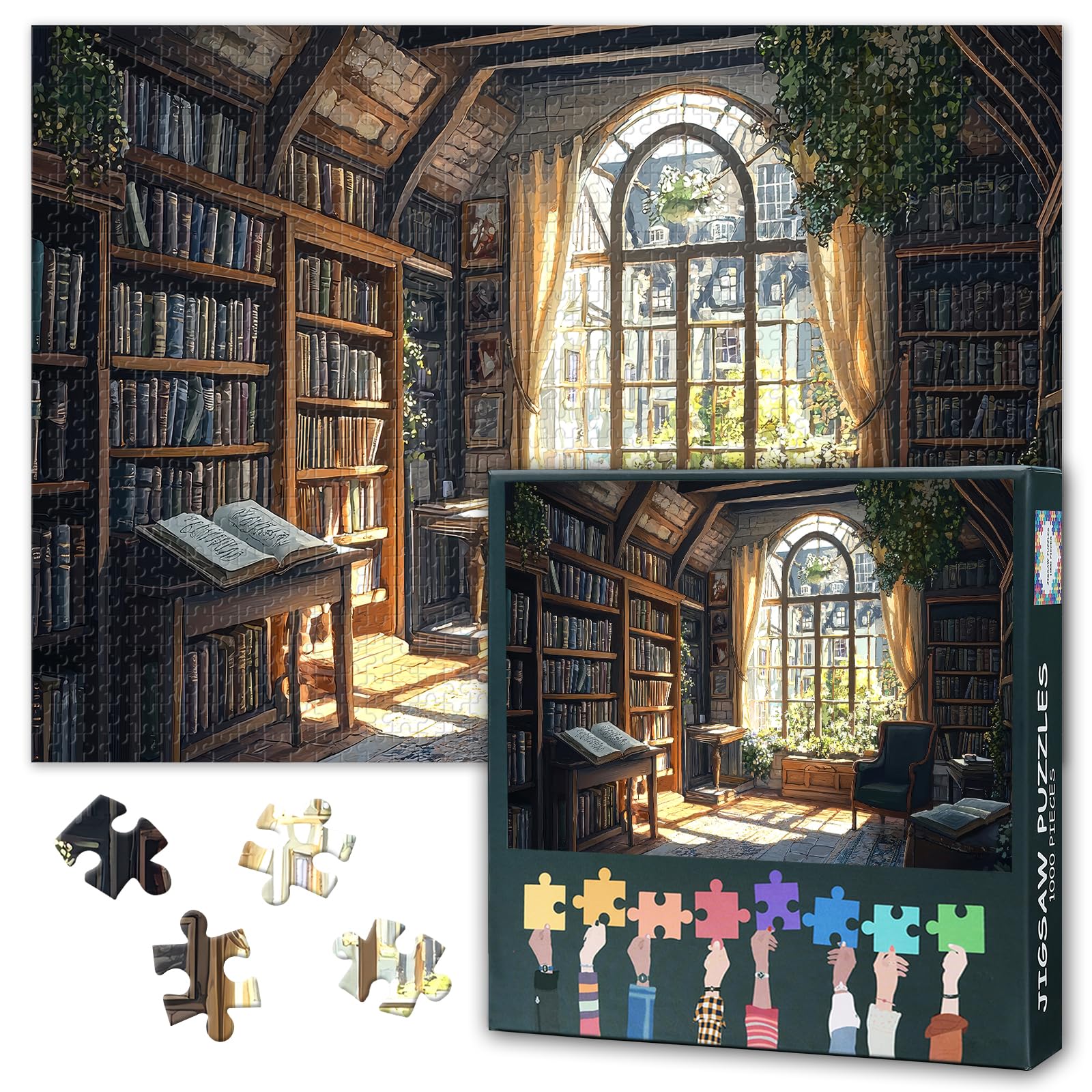 Sunlit Cozy Library with Bookshelves Large Format Puzzle – 1000 Pieces, 50x70cm Completed Size | Durable Pieces, Easy to Handle, No Missing or Broken Parts — image 1