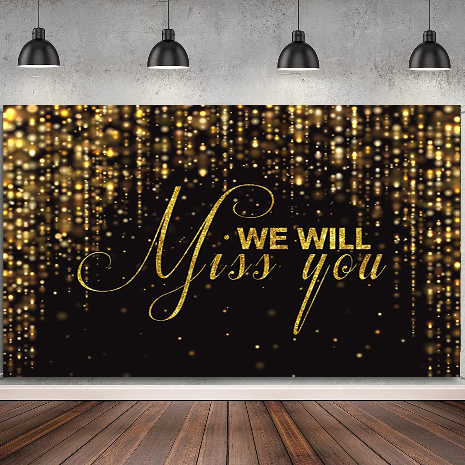 DORCEV We Will Miss You Backdrop Banner 10x7ft Black Gold Going Away Party Photo Backdrop Background Men Women Goodbye Office Work Congrats Retirement