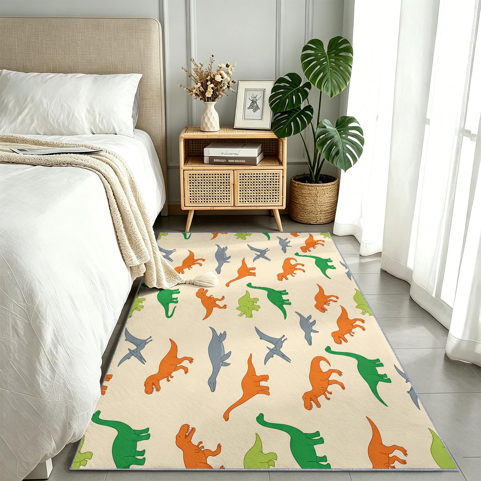 Tapis de couloir dinosaure beige lavable 60x180 cm pour entrée