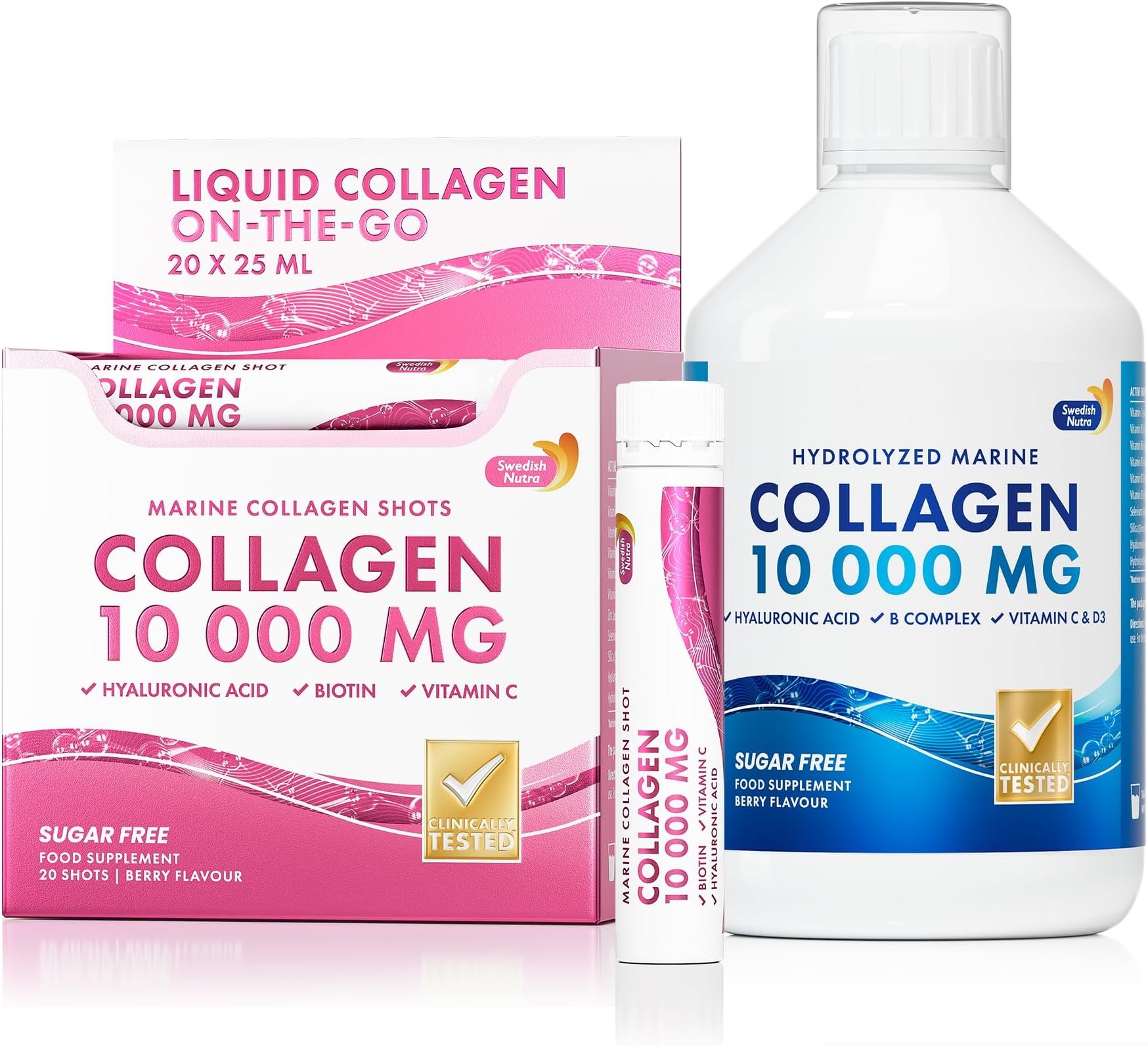 Marine Collagen 10,000 mg Liquid 500 ml & 20 Daily Shots | Hydrolysed peptides & vitamins for hair, skin, nails & joints; sugar-free liquid + daily shots bundle for men & women