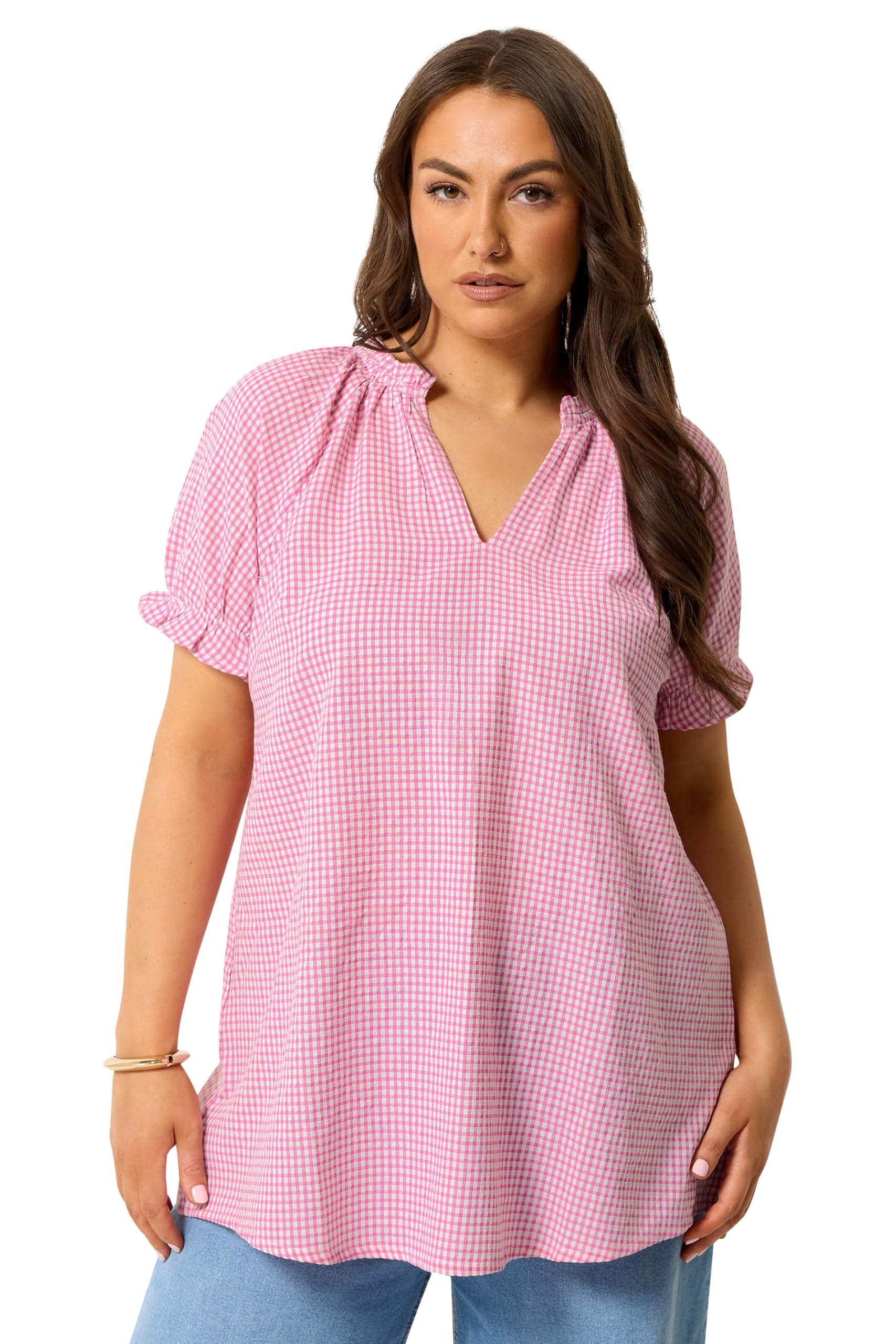 Yours Women's Pink Gingham Puff Sleeve Blouse In | Size: 22-24