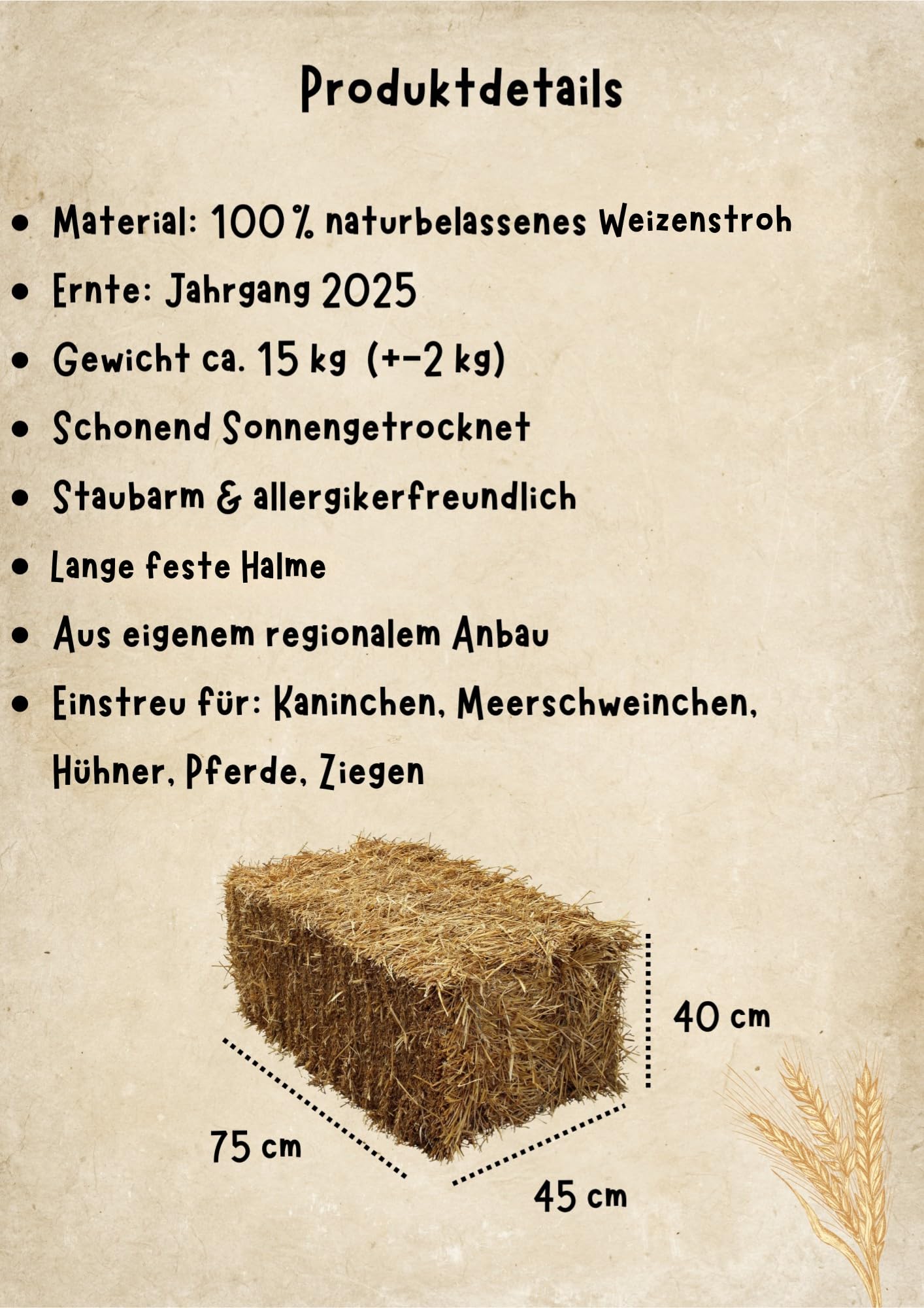 Strohballen 15  kg aus Weizenstroh – für Kaninchen, Meerschweinchen, Pferde | Premiumqualität | Ernte 2025