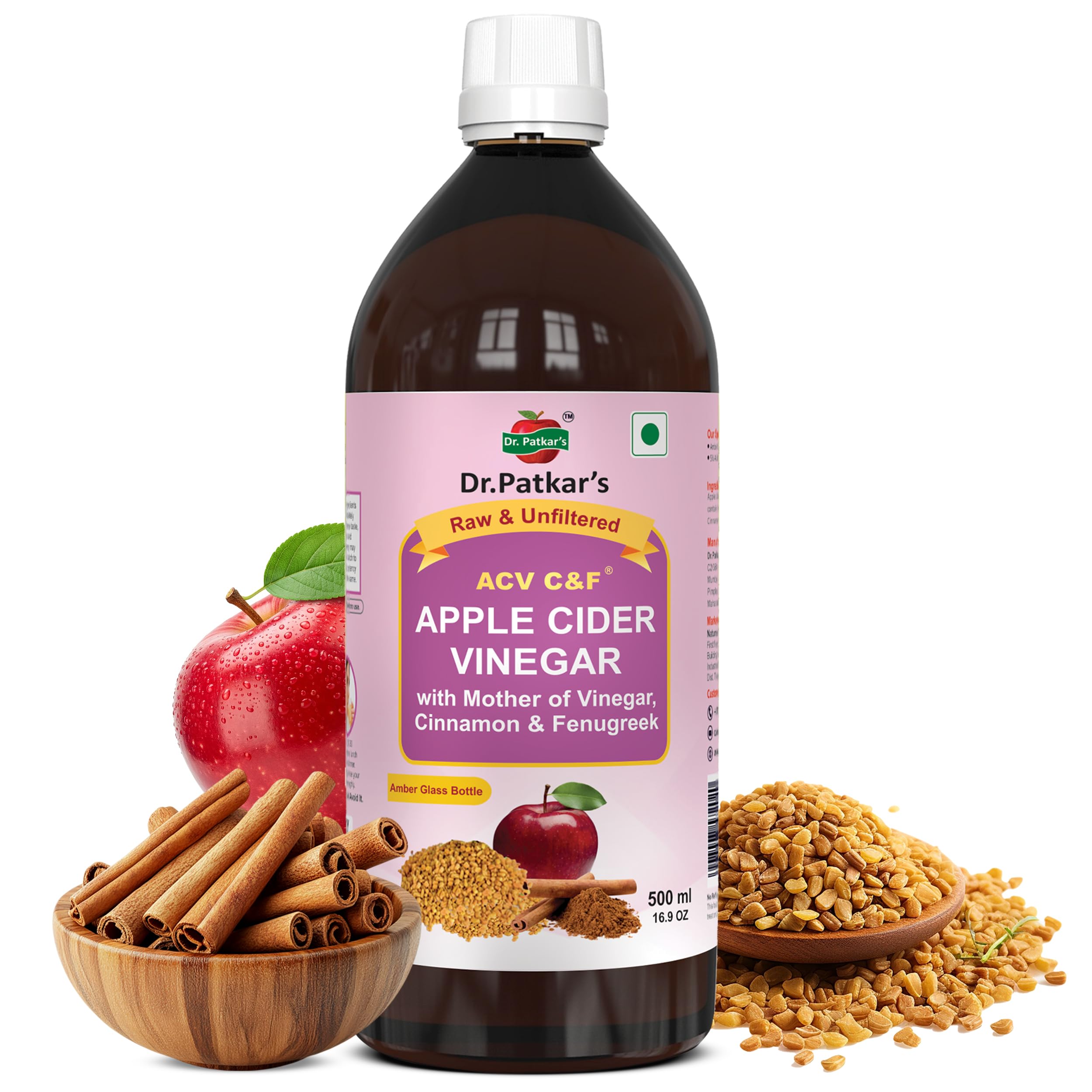 Apple Cider Vinegar with Cinnamon & Fenugreek | Unfiltered & Undiluted | Suitable for Sugar Control with Improved Immunity & Lowers Bad Cholesterol (With Mother) 500ml