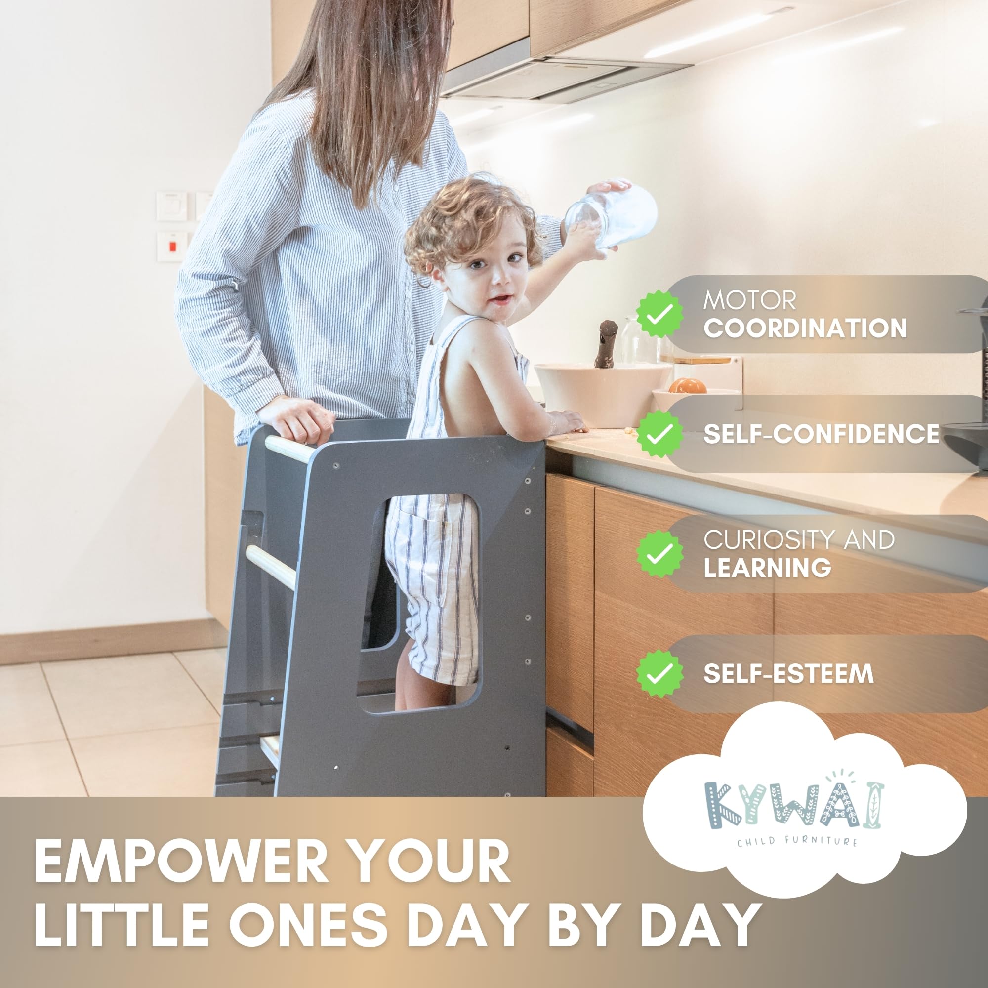 KYWAI Toddler Kitchen Stool Helper – Adjustable Standing Tower with Safety Rails, Anti-Tip Design & Non-Slip Stickers – Patented Design, Double Safety Barrier & CPC Certified (Grey Blue)