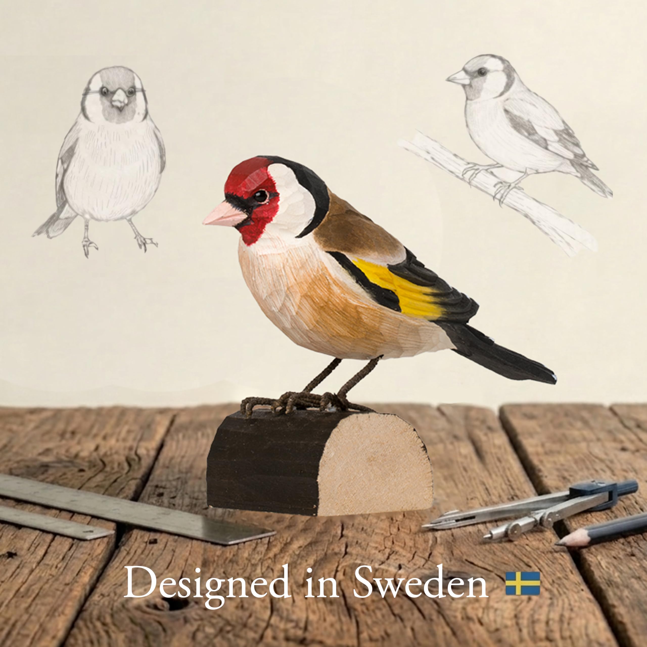 WILDLIFEGARDEN WG406 DecoBird Szczygieł - ręcznie rzeźbiony dekoracyjny ptak z drewna - małe ptaki europejskie