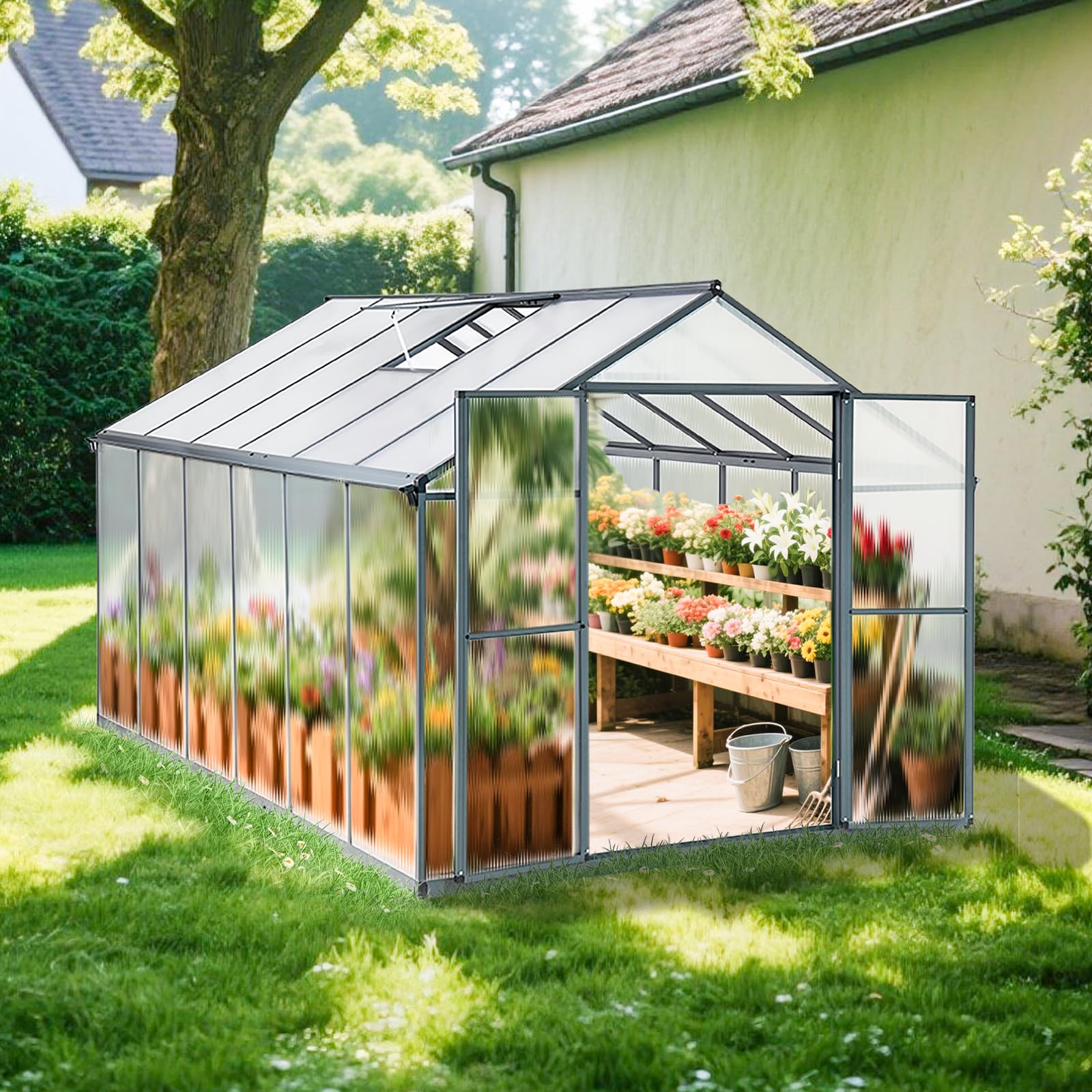 Gewächshaus Aluminium mit 362 x 238cm Fundament 4mm Platten gartengewächshäuser groß Treibhaus Winterfest Frühbeet Aufzucht 14,03m³ Doppeltür Grau