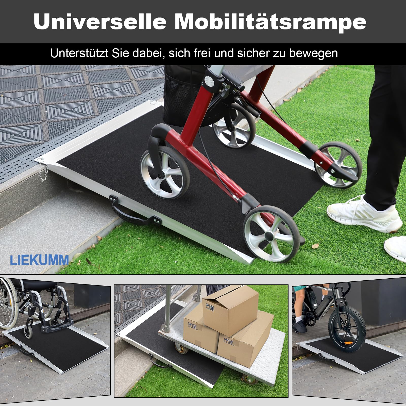 LIEKUMM 91 x 73 cm Rampa dla wózków inwalidzkich, 300 kg nośności, aluminiowa rampa dla wózka inwalidzkiego, rampa progowa do domu, stopnie, przenośna rampa do wózka inwalidzkiego, skuteru, wózka