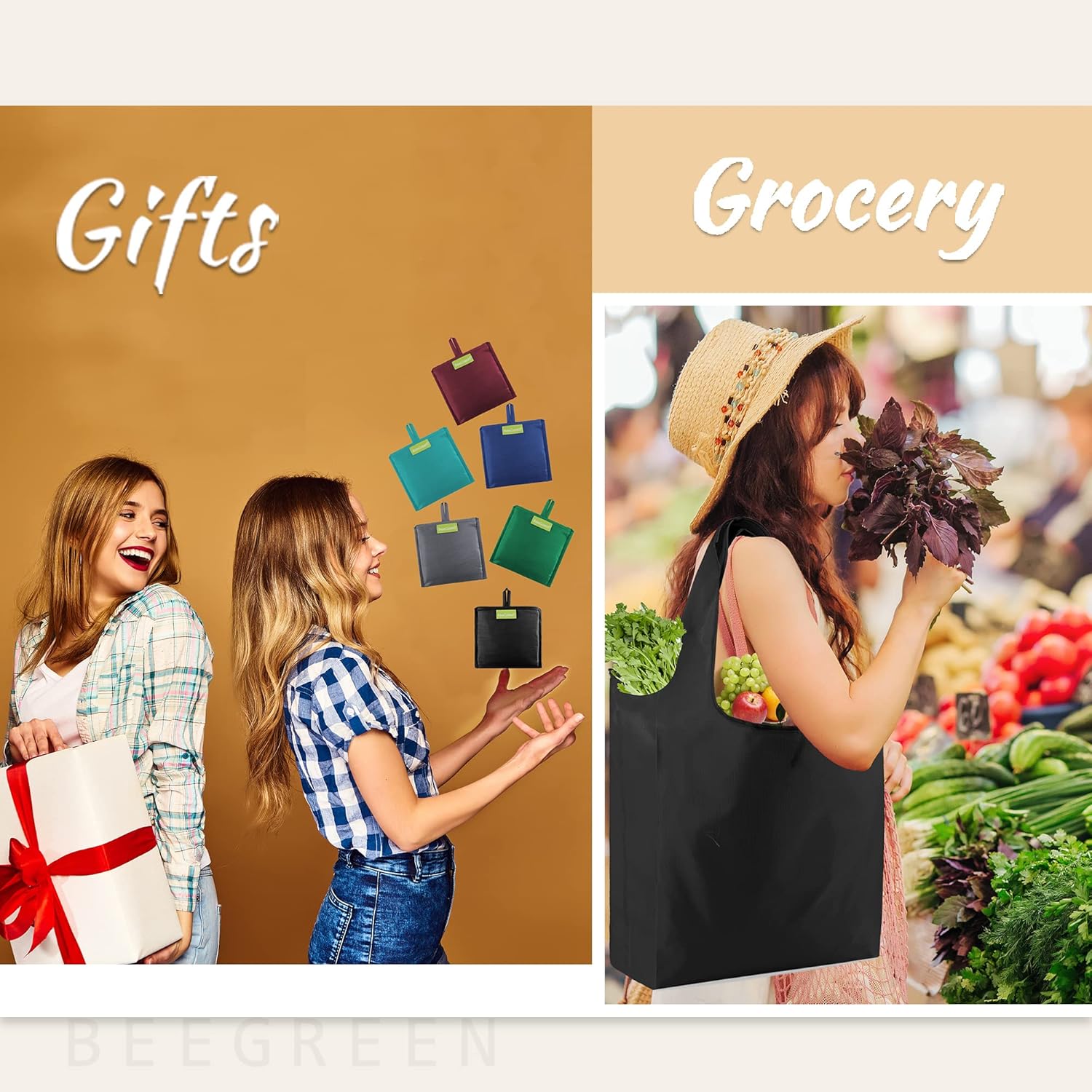 BeeGreen Foldable Travel Bag Reusable Gifts Bags - Reusable Grocery Bags Large Holiday Gifts Cloth Tote With Handles - Bulk Reusable Shopping Bags for Women (Beach Storage Washable Collapsible) - Image 2