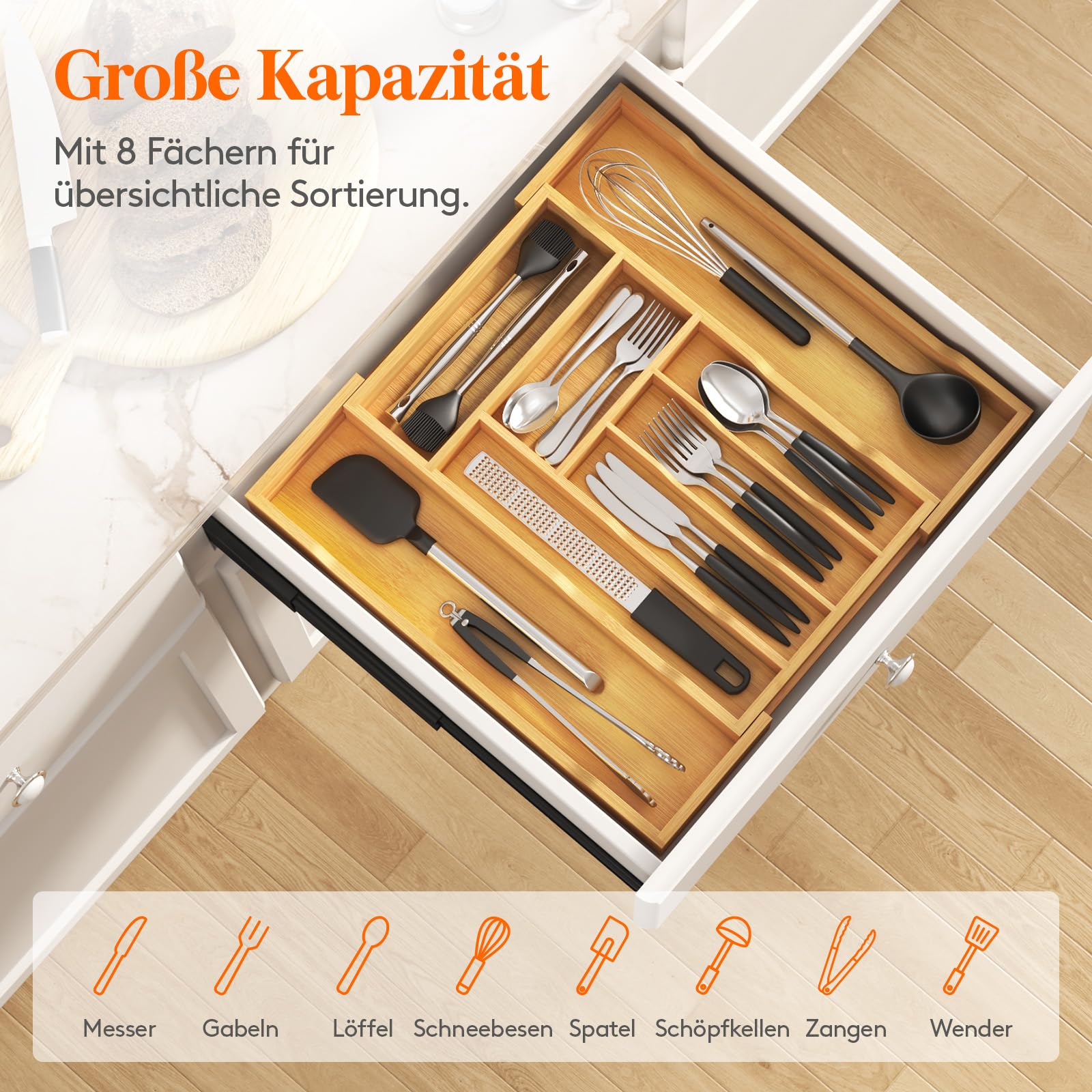 Lifewit Besteckkasten für Schubladen, Tiefe 47 cm, Ausziehbarer Besteckeinsatz Breite bis zu 50 cm, Küchenschubladeneinsatz Schubladen Organizer, Bambus Besteckhalter für Löffel/Gabeln/Messer