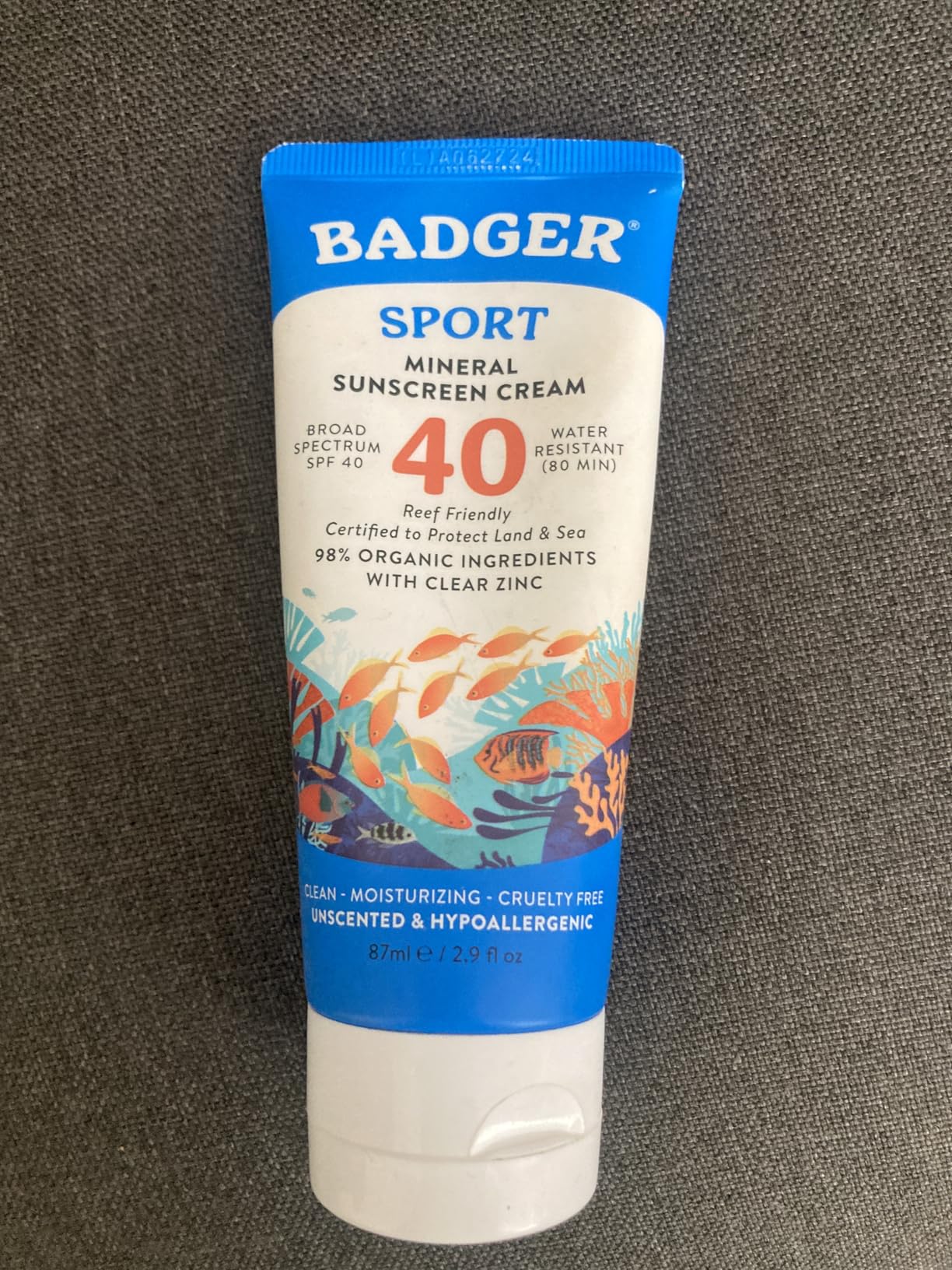 Badger Sport Mineral Sunscreen, Reef Safe, SPF 40, 98% Organic with Zinc Oxide, Water Resistant, Hawaii Reef Act 104 Compliant, Unscented & Hypoallergenic, For Sports & Adventures, 2.9 fl oz