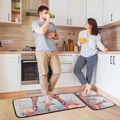 Miniatura 4 de Kitchen Mats for Floor 2 Piece Set Giraffe Family Flower Print, Anti Skid Cushioned Water Absorbent Kitchen Rugs Door Mat Floor Mats for Kitchen Sink