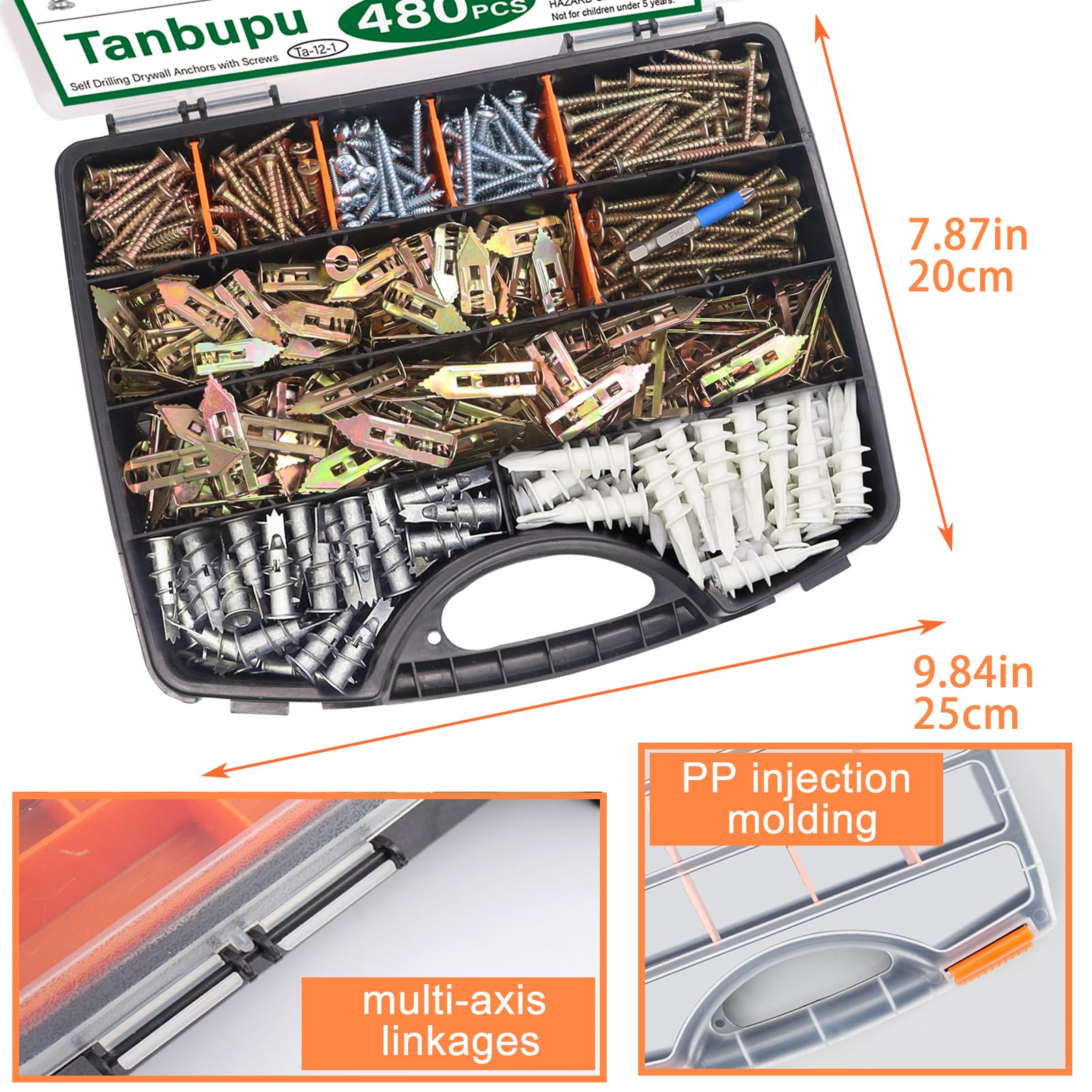 Kit di 480 tasselli autoperforanti per cartongesso con viti, 4 tasselli in cartongesso e 5 viti di dimensioni (aggiornate al 2025), senza bisogno di trapano, acciaio zincato e plastica
