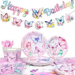 Butterfly Birthday Party Supplies, 16 Guests Butterfly Plates and Napkins Party Supplies, Butterfly Party Plates Napkins Cups Tablecloth Butterfly Birthday Decorations Banner