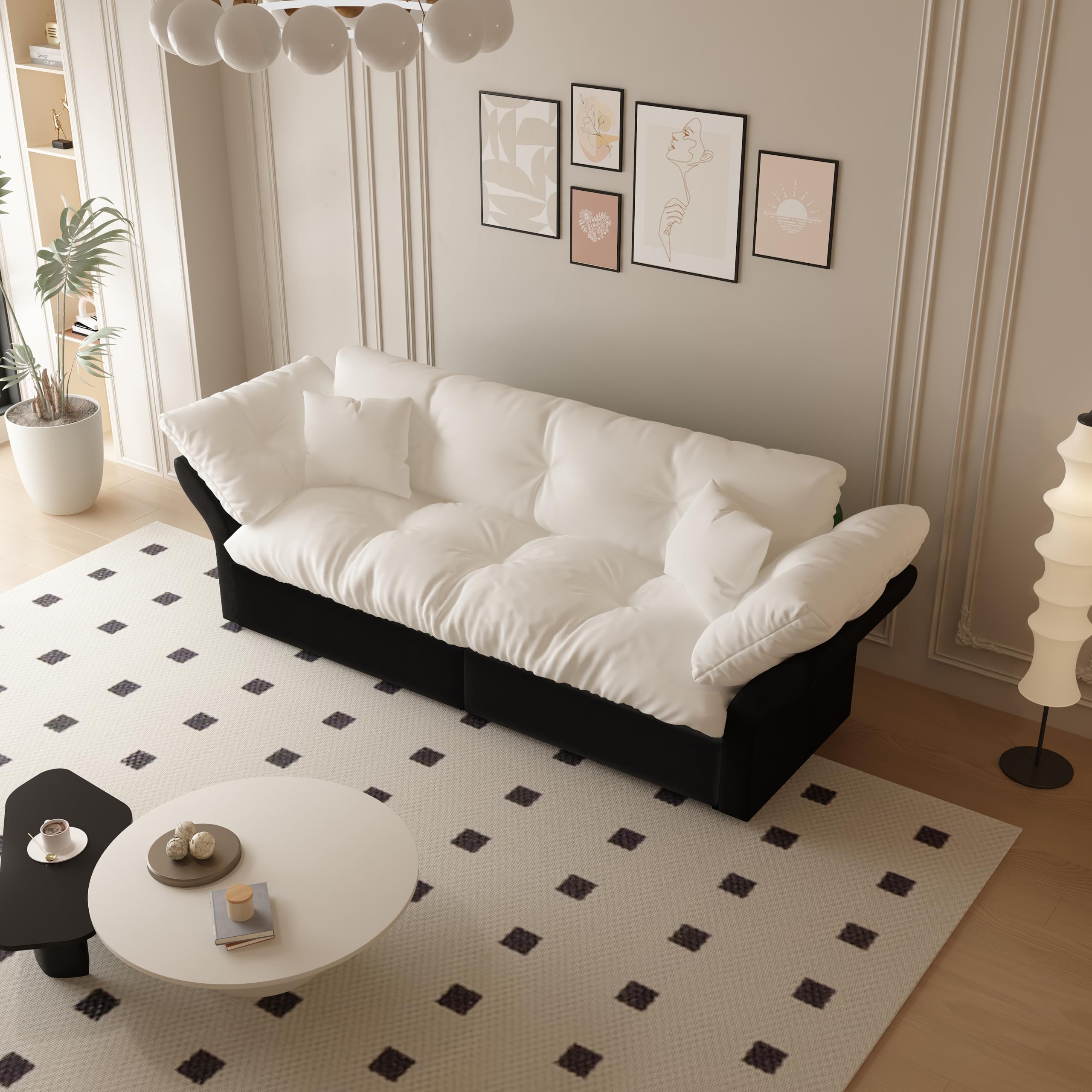 Generisch Sofa rozkładana 3 w 1 Queen Size, welurowa sofa do spania z tuftingiem i 2 miękkimi poduszkami, wielofunkcyjna sofa do salonu, sypialni, beżowa/biała