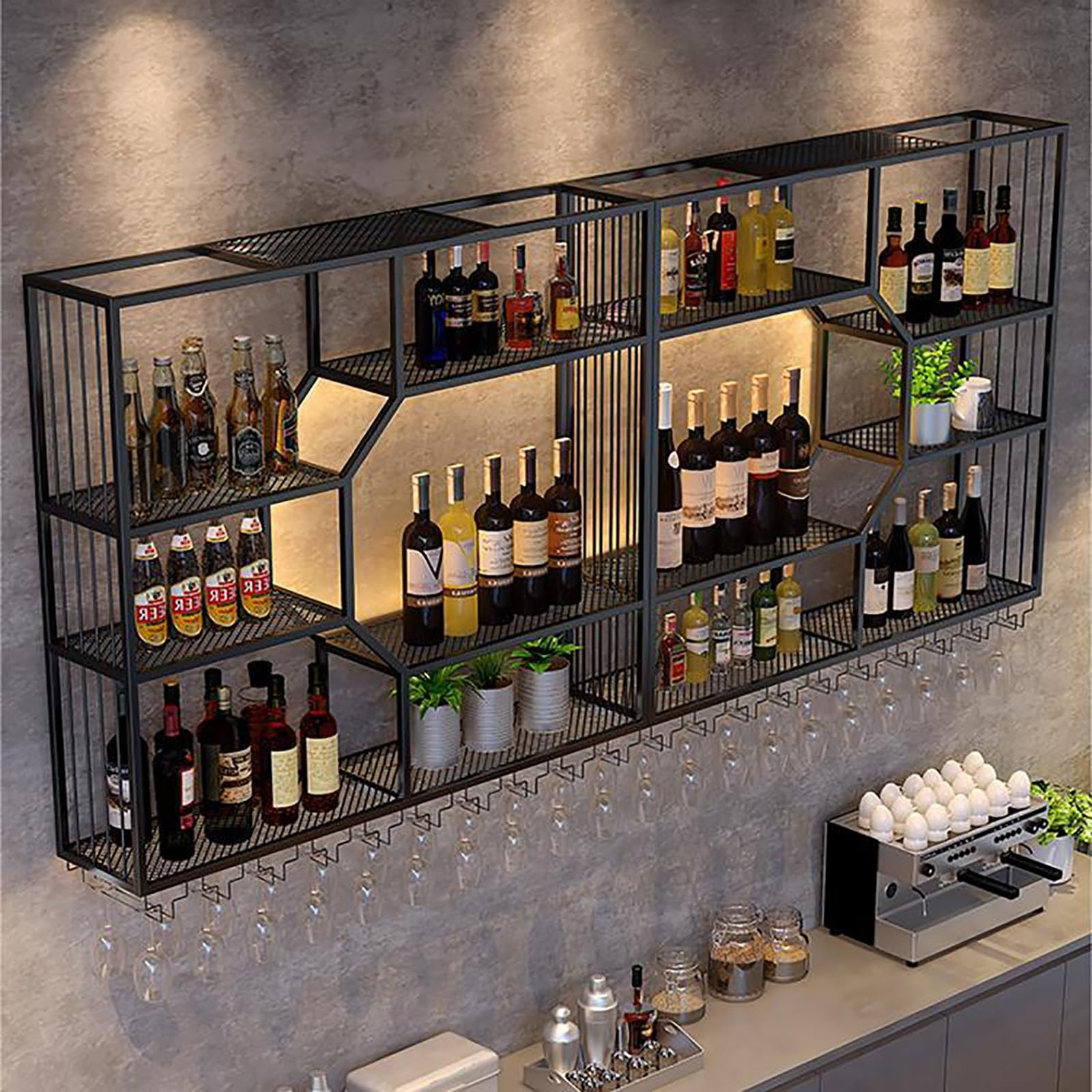 Botellero de pared LED, estante decorativo de metal para botellas y vasos, perfecto para cocina, bodega de vino o bar, soporte integrado para botellas y posavasos (86.6 pulgadas)