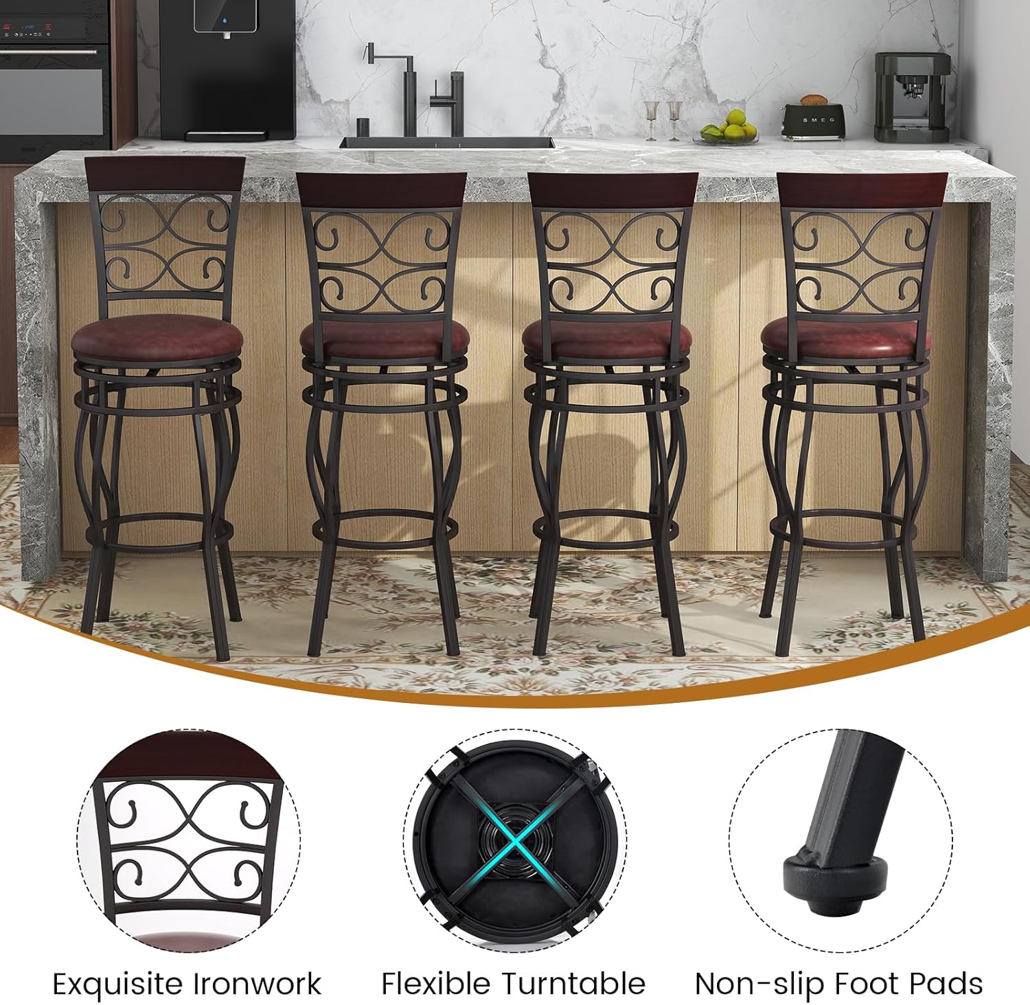 Safeplus 30 Inches Bar Height Bar Stools Set of 4, 360 Degree Swivel Retro Tall Metal Barstools with Leather Padded Seat and Back for Bistro Dining Kitchen Room Pub Vintage Chairs