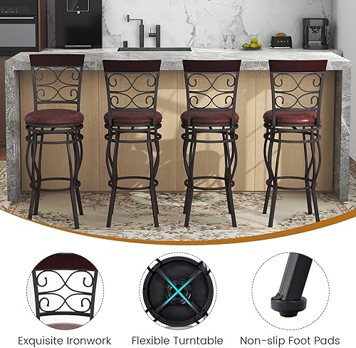 Miniatura 4 de Safeplus Juego de 2 taburetes de bar giratorios retro de 360 grados con asiento acolchado de cuero, bistró, comedor, cocina, pub, sillas vintage de