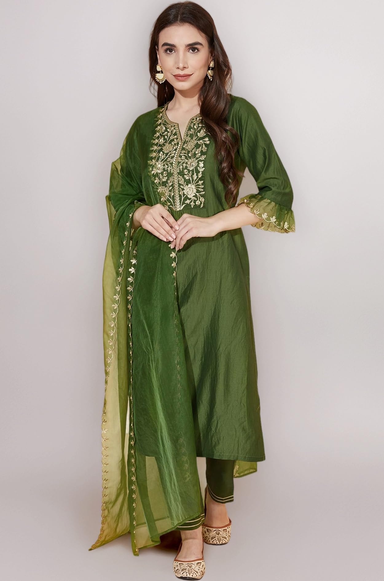 Women's Cotton Embroidery Anarkali Kurta Pant with Dupatta Set