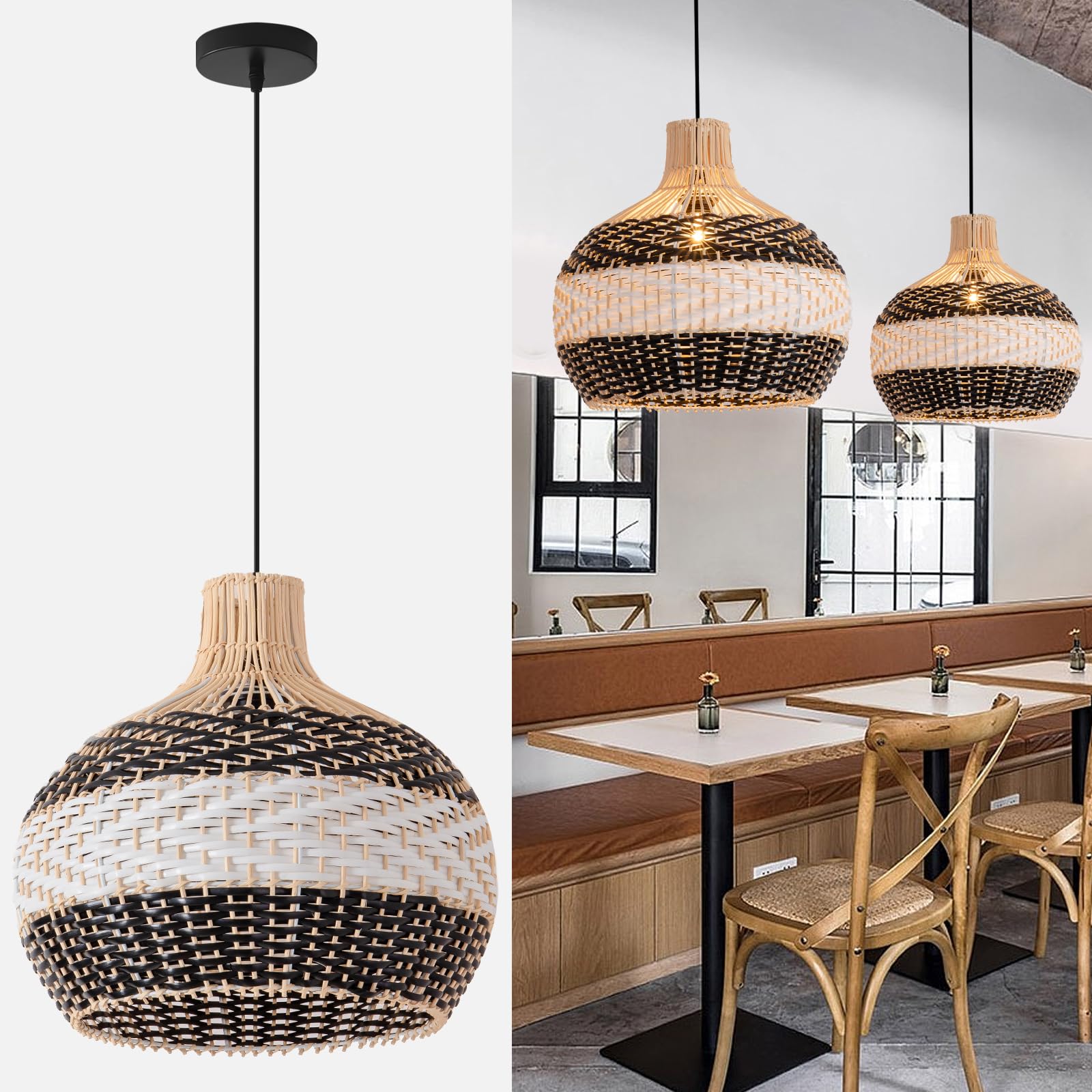Teru Ji Kaikang Faux Rattan Pendant Light 15.74" Black White Hand-Woven Basket Chandelier,for Living Room Bedroom Kitchen Hallway Dining Farmhouse