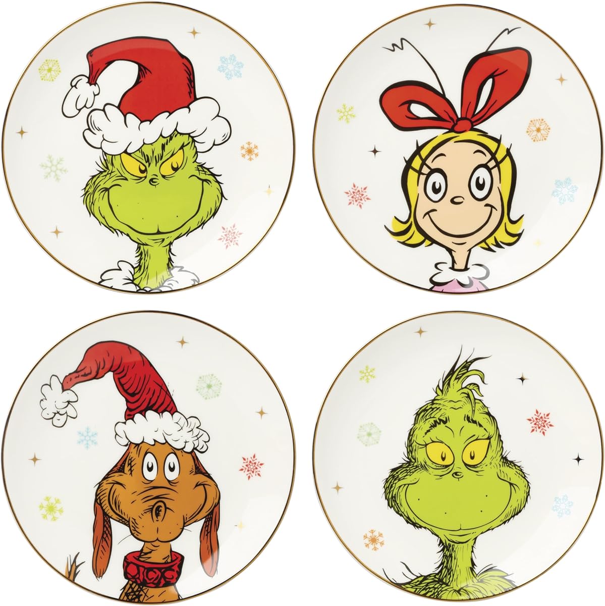 Lenox Juego de Vajilla, Platos Decorativos Merry Grinchmas, Servicio para 4 Platos Decorativos de Porcelana, Apto para Microondas y Lavavajillas, para Pasta, Ensalada y Cena, Decoración Navideña (Surtido, 4 Piezas)