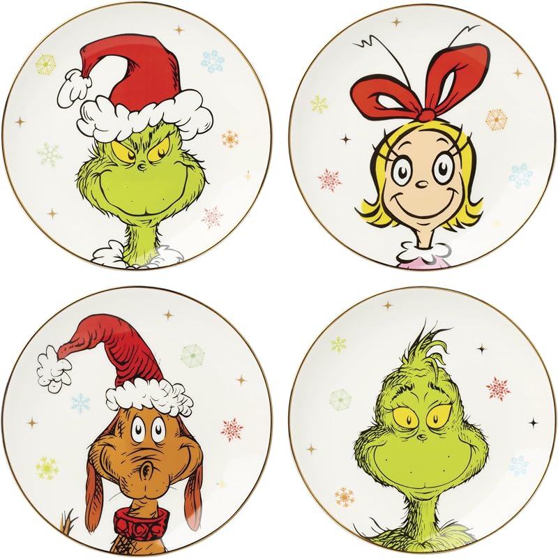 Lenox Juego de Vajilla, Platos Decorativos Merry Grinchmas, Servicio para 4 Platos Decorativos de Porcelana, Apto para Microondas y lavavajillas, para Pasta, Ensalada y Cena, Decoración Navideña (Surtido, 4 Piezas)
