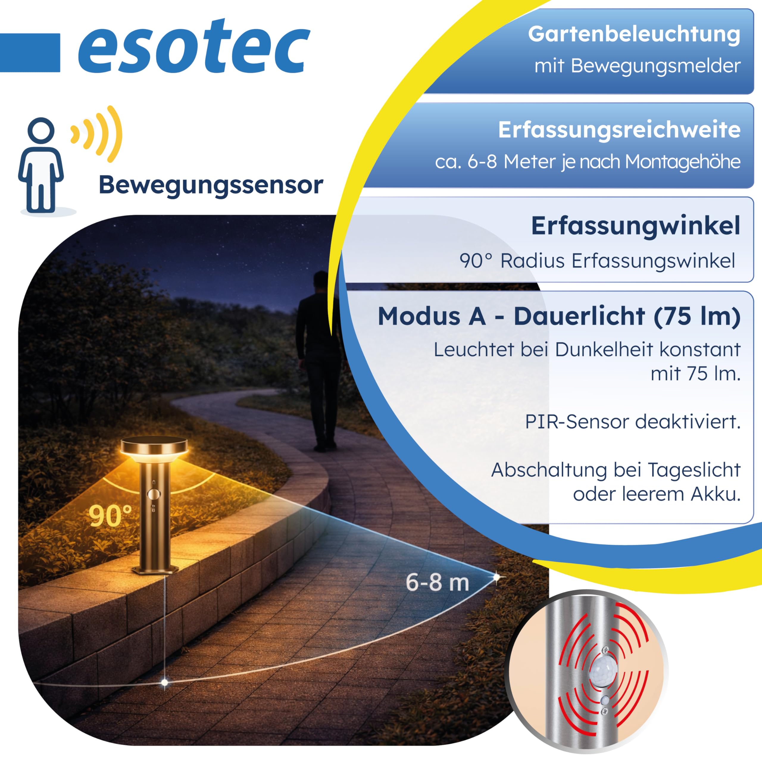 Esotec Solar Wegeleuchte Bewegungsmelder Lena 45 Pollerleuchte außen 102594