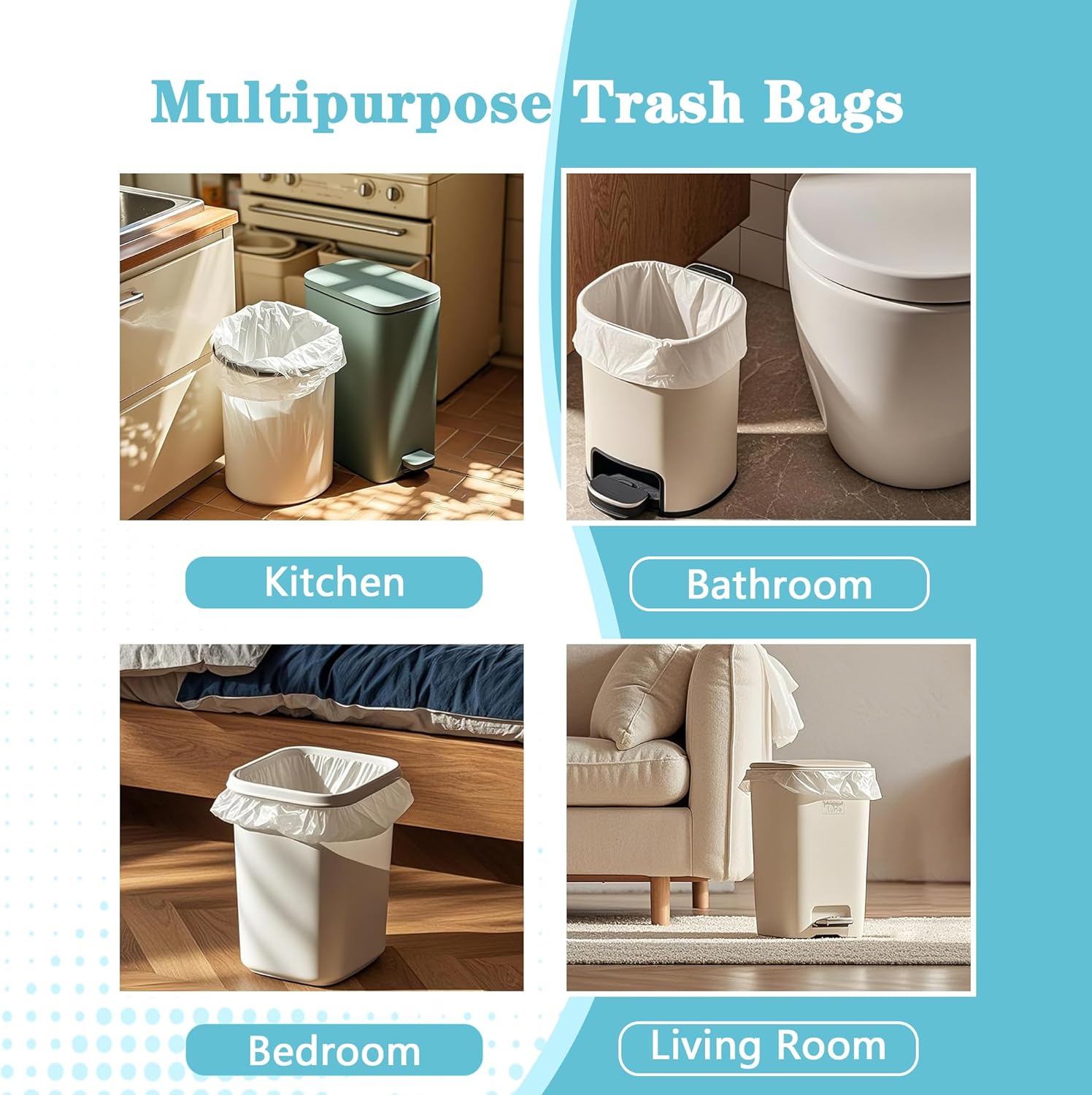300 Count 7-9 Gallon Trash Bags, 13 Micron Extra Thick 8 Gallon Medium Garbage Bags, Unscented White Wastebasket Trash Can Liners for Bathroom Kitchen Home Office