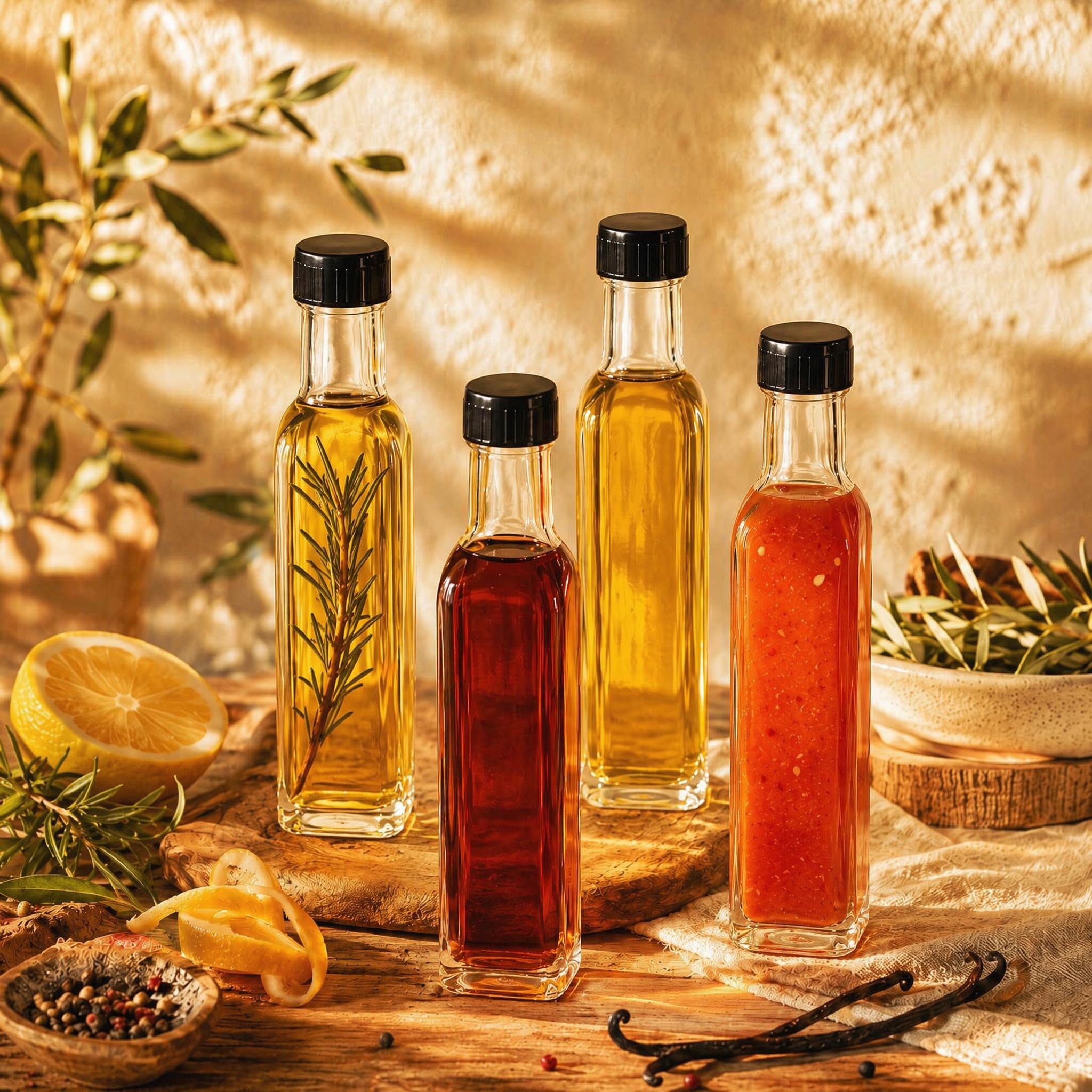 Kingrol Paquete de 18 botellas Quadra de 8.5 onzas con tapas de rosca a prueba de fugas, botellas de salsa picante, botellas cuadradas de vidrio para aceite, vinagre, jarabe, aderezo para ensaladas