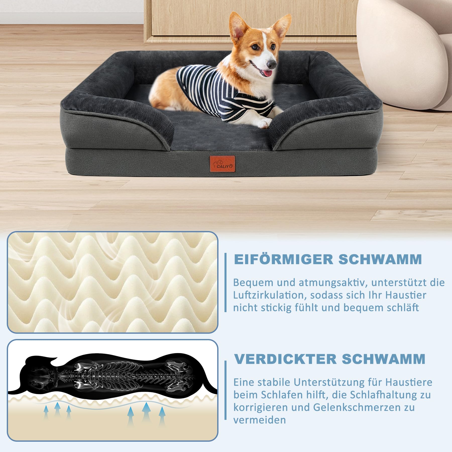 CALIYO Orthopädisches Hundebett für Kleine Hunde – 76×58×16 cm, Hundekissen aus umweltfreundlicher PP-Baumwolle, abnehmbar, waschbar, rutschfestes Hundesofa mit 3 Rändern（Dunkelgrau）
