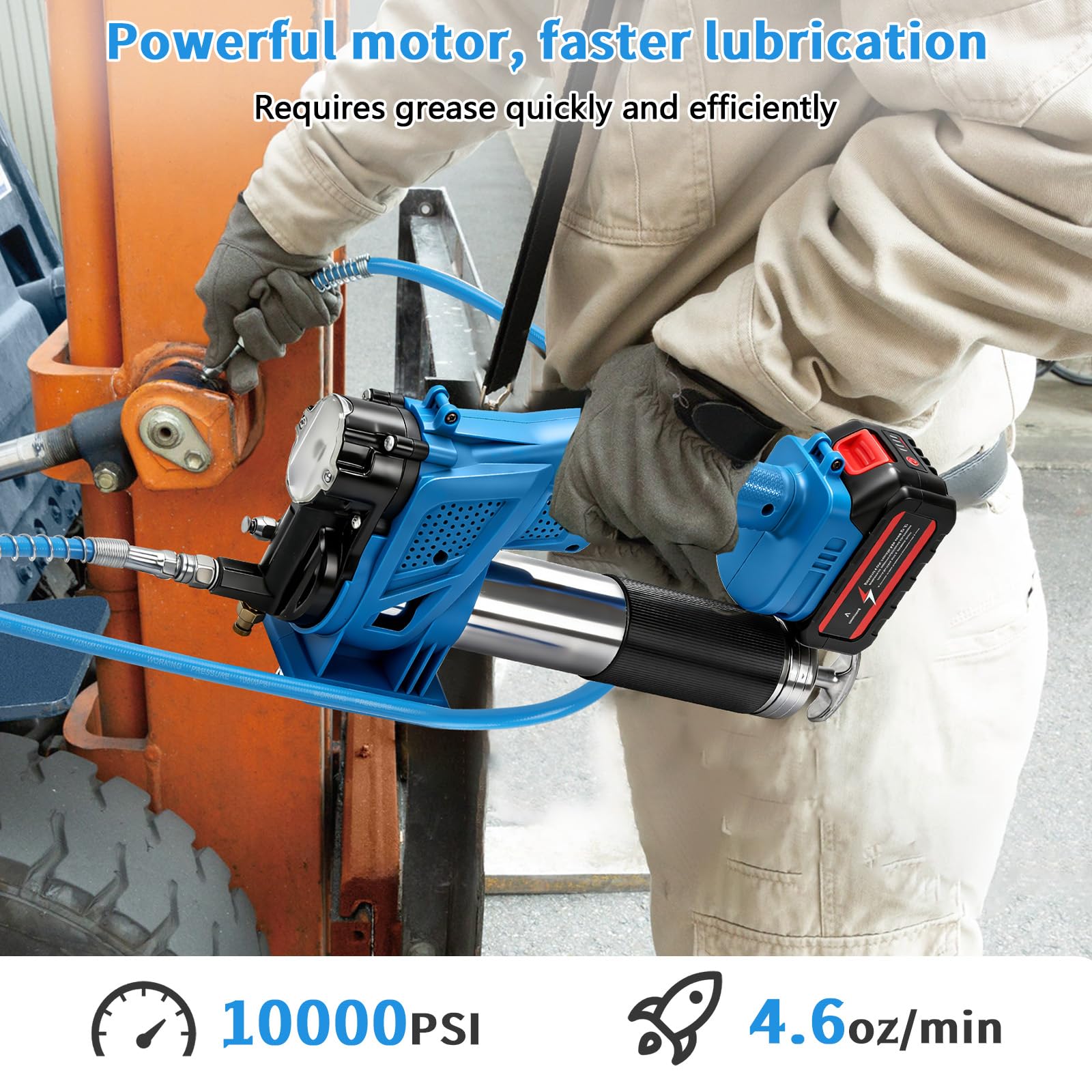 WingFly Engrasadora Batería, 12000 PSI y 4,6 oz/min, Pistola de Engrasar Eléctrica con 2 Baterías de 3000 mAh, Manguera de 39,4", Acoplador de 90° y 3 Puntas para Equipos Pesados (con batería)