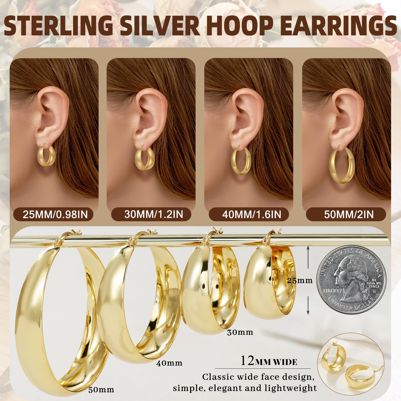 Orecchini Senteria in argento 925, orecchini a cerchio per donna, ipoallergenici, leggeri, larghi 12 mm, placcati in oro 14 carati, orecchini a cerchio grandi e spessi in oro per donna 25/30/40/50 mm