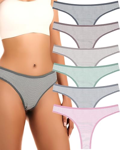 ANZERMIX Women's Breathable Cotton Thong Panties Pack of 6 - Large - 6-pack Vintage Stripe
