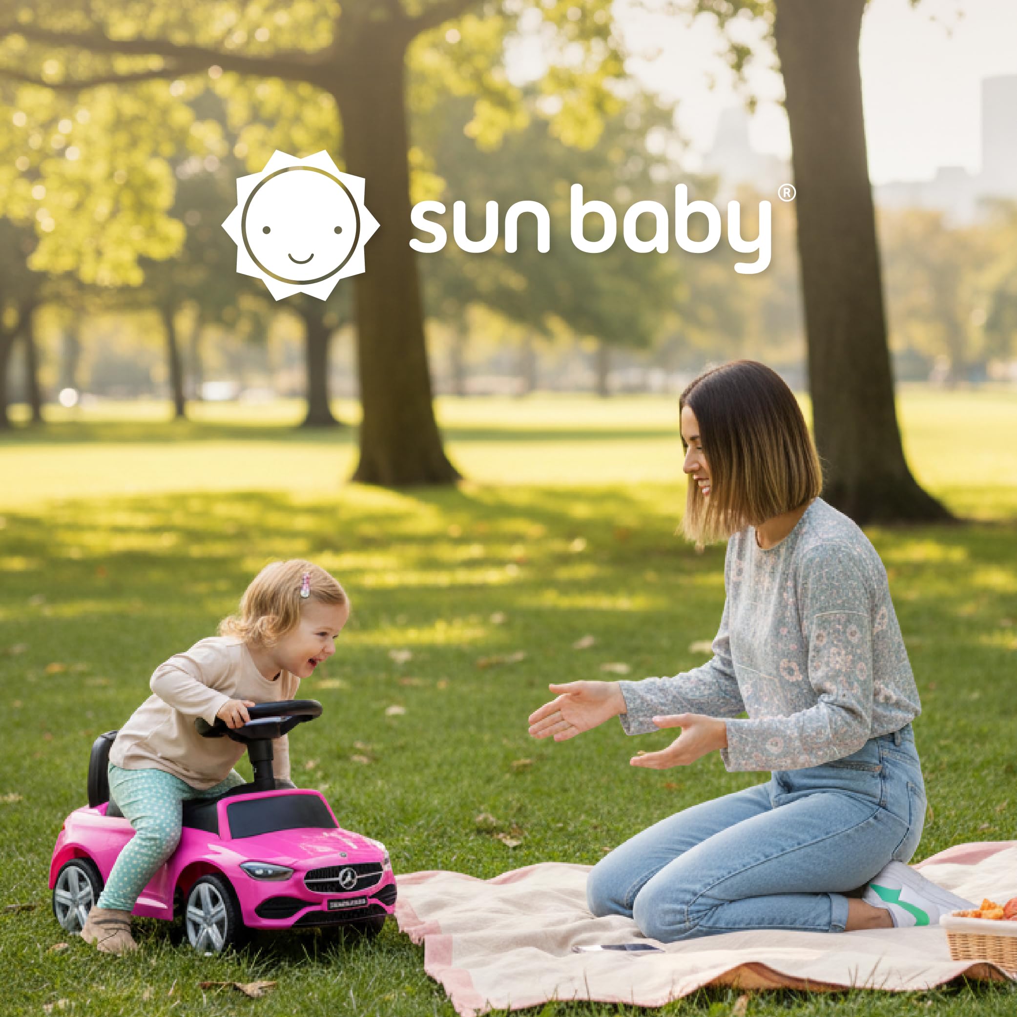 sun baby Rutschauto ab 1 Jahr Mercedes C-Class, Kinderfahrzeug für Jungen und Mädchen mit Audio-Lenkrad, Ablagefach, Kippschutz (Rosa)