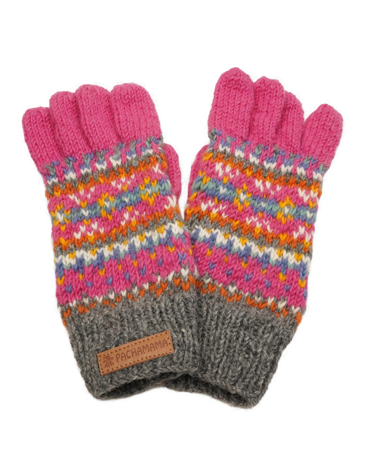 Pachamama Women Wool Gloves Handknitted Traditional Fairisle Colourful One-Size Handmade Extra Warm Fair Trade (Pink, One Size)
