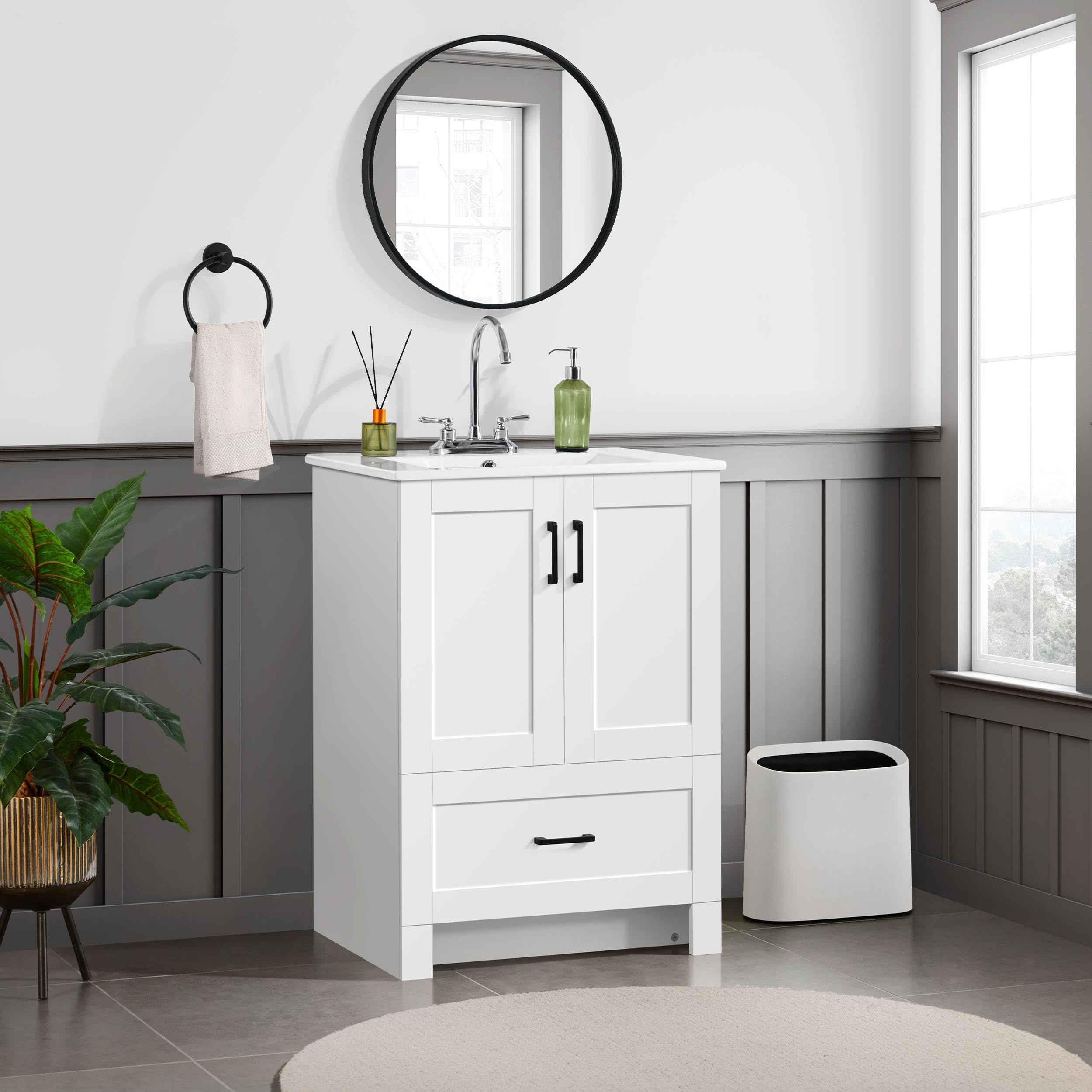 Yaheetech 24.5" Bathroom Vanity with Ceramic Sink, Bathroom Vanity Sink Cabinet with 2 Doors and 1 Drawer, Bathroom Vanities Floor Standing with Sink Combo Set, White