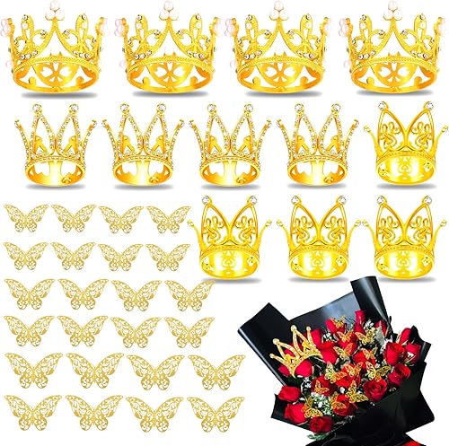 Accesorios para ramo de flores, 12 piezas de corona de torta, corona dorada, tiara vintage y 24 piezas de decoración de pared de mariposa dorada 3D