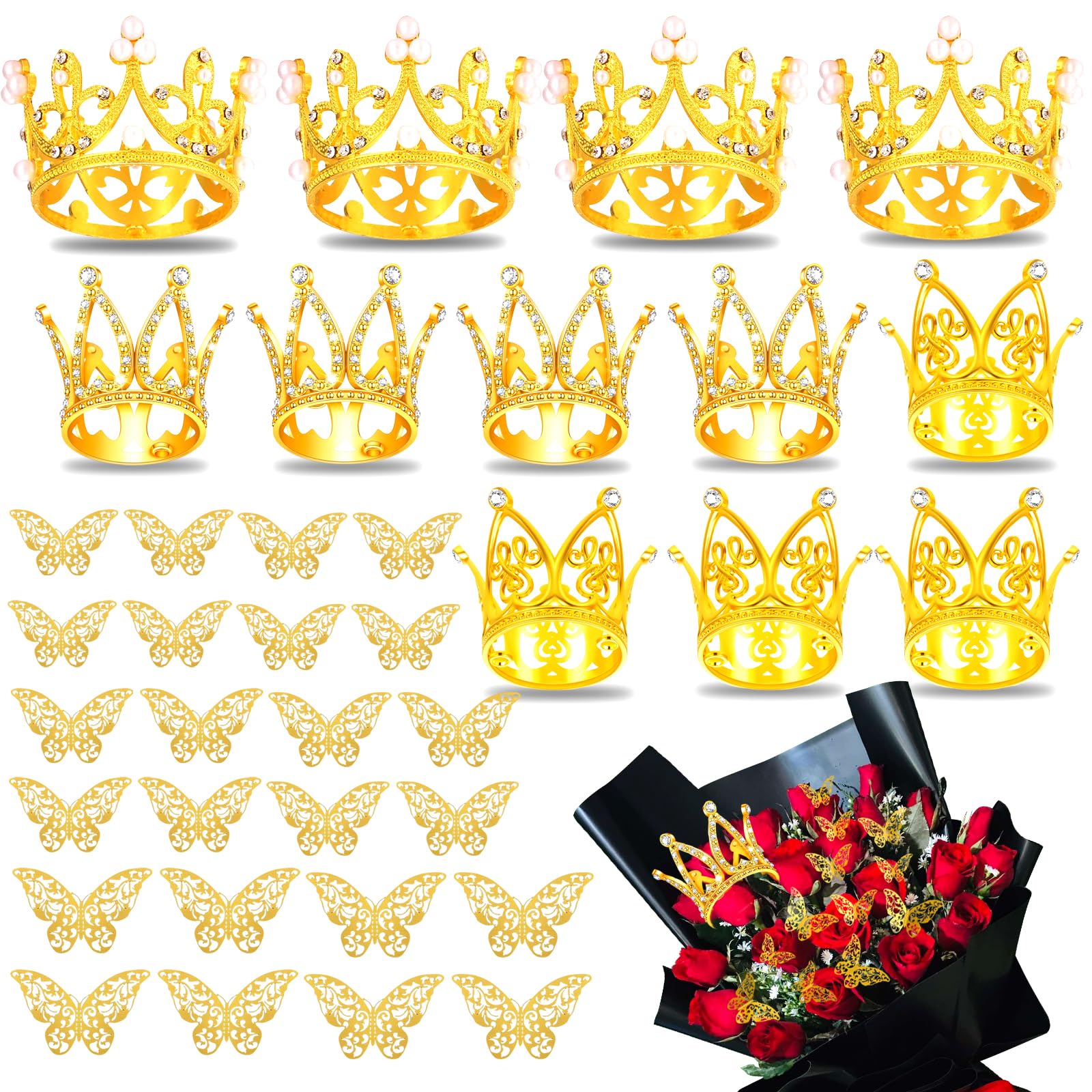 TIHEBAX 136-Piece Gold Flower Bouquet Set - Includes 5 Mini Crowns, 24 Butterflies, 100 Flower Pins For Wedding, Birthday, Baby Shower Decor & Cake Toppers - View #6