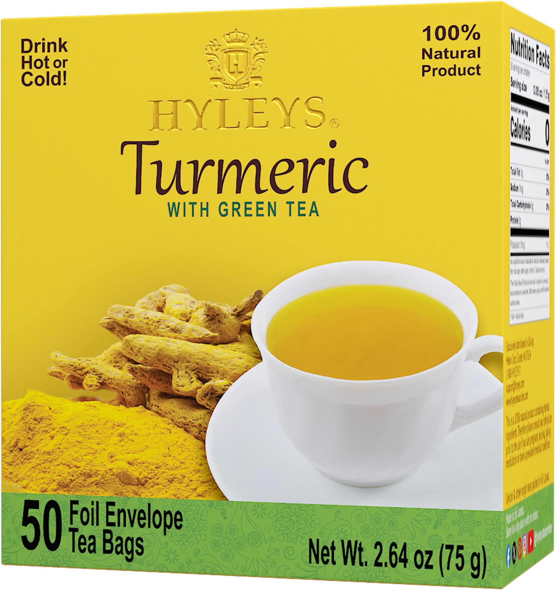 Turmeric Green Tea - Green Tea with Turmeric Root - Herbal Tea Bags - 50 Individually Wrapped Tea Bags
