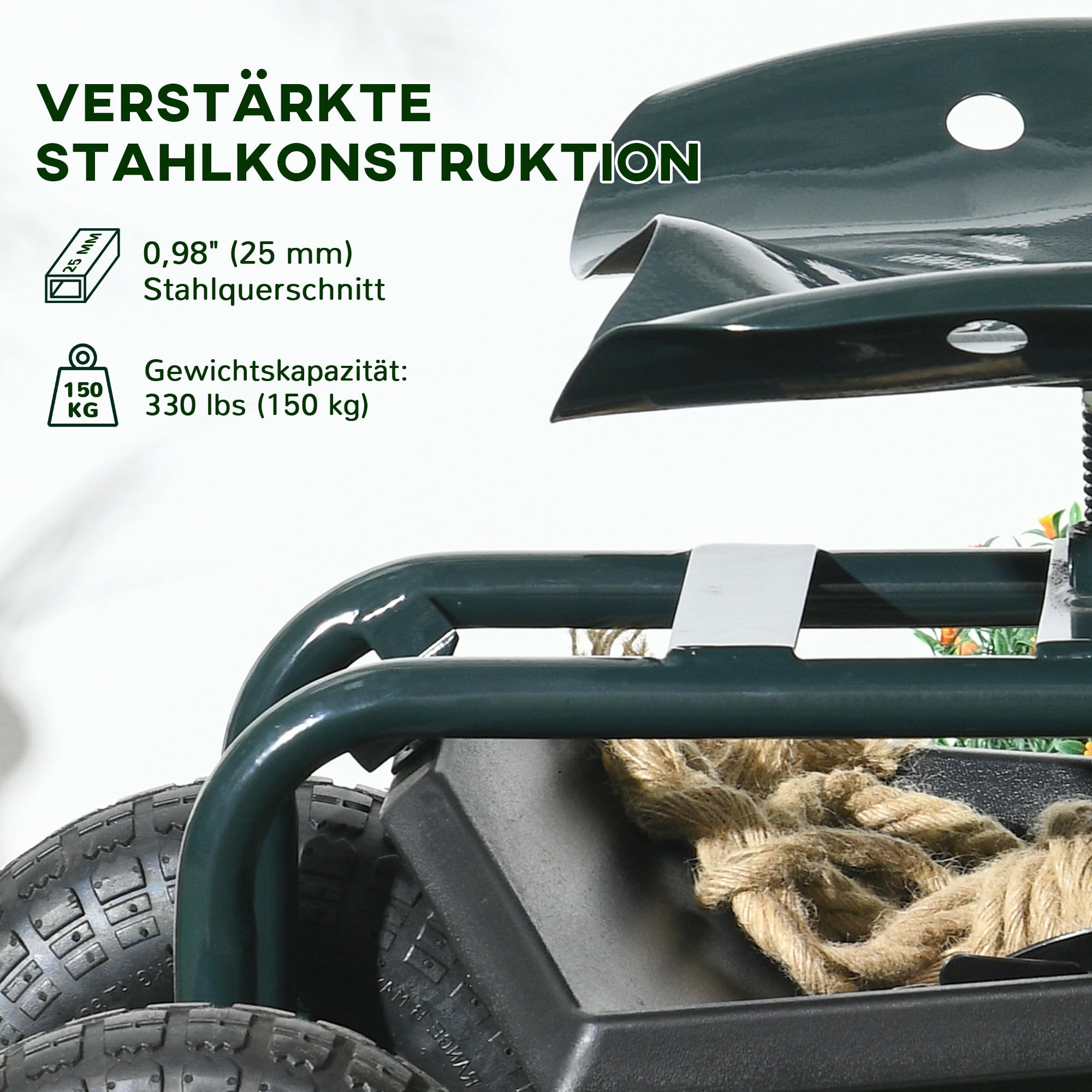 Outsunny Rollsitz Werkstattwagen mit Ablage Korb fahrbar Rollwagen drehbar Arbeitssitz Gartenrollsitz Richtung für kleine Gartengeräte Stahl Grün