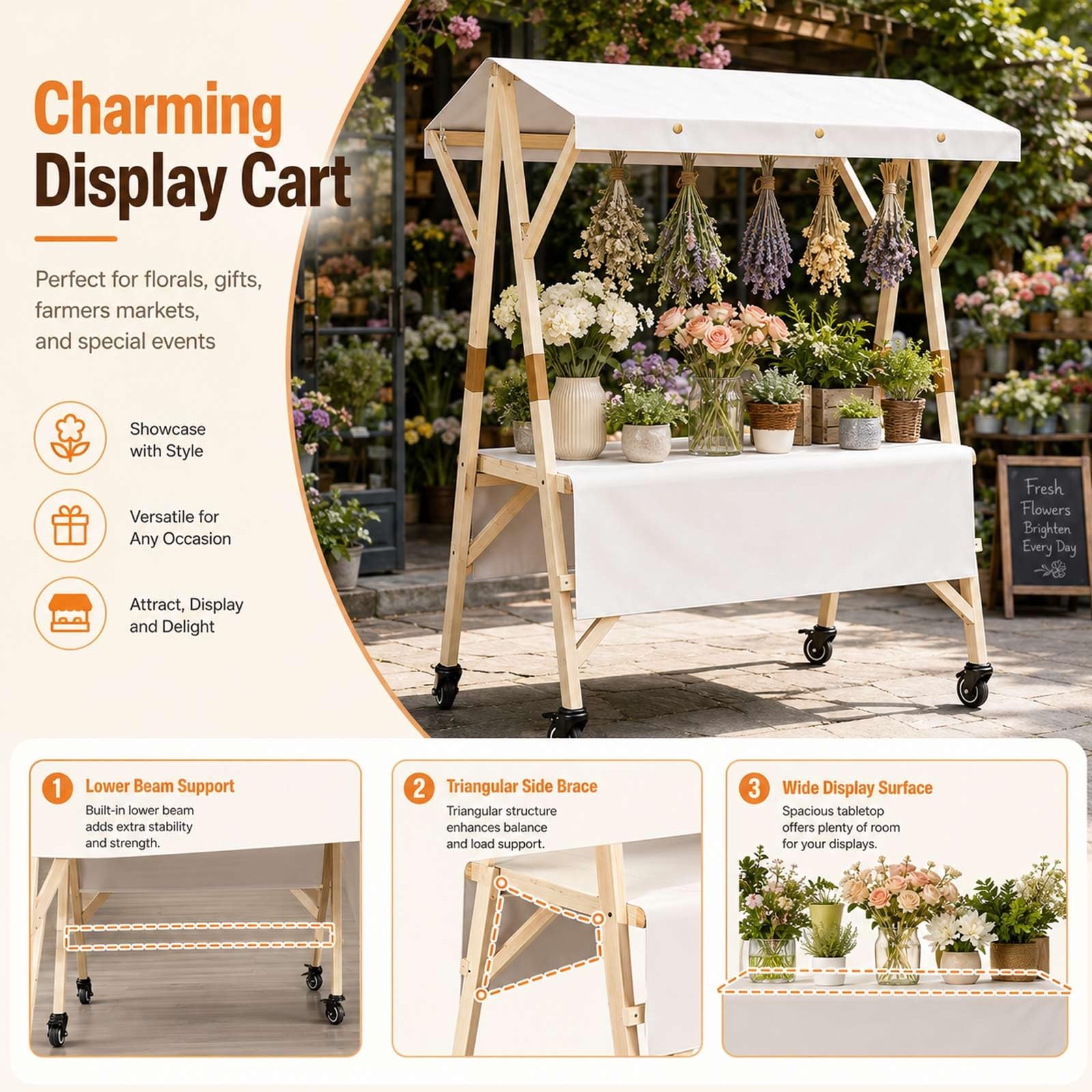 Puesto De Mercado con Toldo, Carrito De Comida Callejera De Madera, Carro Venta Ambulante, Kiosco Móvil con Ruedas, Stand Plegable para Catering Y Eventos Pop Up(Pink a,L 150cm/59in)