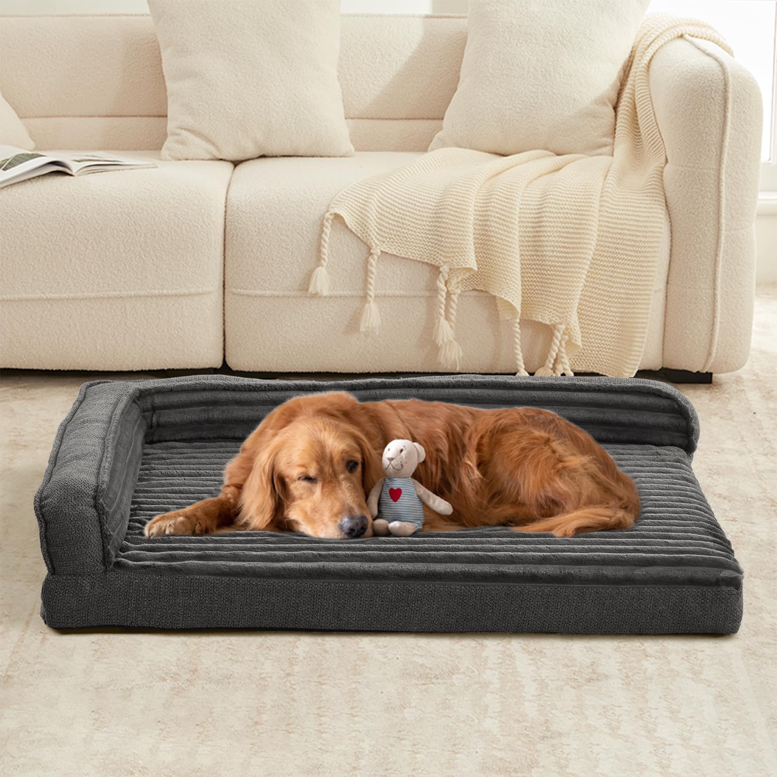 WINDRACING Orthopedic Dog Beds for Extra Large, XXLarge Dogs, Waterproof Egg Foam Dog Sofa Bed with L Bolster Sides, Washable Pet Bed with Removable Cover & Non-Slip Bottom, 46 x 30 inch, Gray - image 3